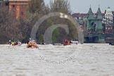 The Boat Race 2012: The 2012 Boat Race, with the boats approaching Hammersmith Bridge: The Cambridge Blue Boat on the left, nearly covered by the boat of the umpire, and the Oxford Blue Boat on the right..




on 07 April 2012 at 14:19, image #294