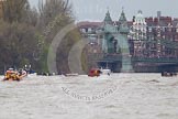 The Boat Race 2012: The 2012 Boat Race, with the boats approaching Hammersmith Bridge: The Cambridge Blue Boat on the left, nearly covered by the boat of the umpire, and the Oxford Blue Boat on the right..




on 07 April 2012 at 14:20, image #295