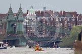 The Boat Race 2012: The 2012 Boat Race, with the boats approaching Hammersmith Bridge: The Cambridge Blue Boat on the left, nearly covered by the boat of the umpire, and the Oxford Blue Boat on the right..




on 07 April 2012 at 14:20, image #303