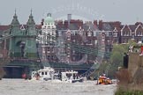 The Boat Race 2012: The 2012 Boat Race, with the boats approaching Hammersmith Bridge: The Cambridge Blue Boat on the left, nearly covered by the boat of the umpire, and the Oxford Blue Boat on the right..




on 07 April 2012 at 14:20, image #305