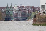 The Boat Race 2012: The 2012 Boat Race, with the boats approaching Hammersmith Bridge: The Cambridge Blue Boat on the left, nearly covered by the boat of the umpire, and the Oxford Blue Boat on the right..




on 07 April 2012 at 14:20, image #306
