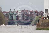 The Boat Race 2012: The 2012 Boat Race, with the boats approaching Hammersmith Bridge: The Cambridge Blue Boat on the left, nearly covered by the boat of the umpire, and the Oxford Blue Boat on the right..




on 07 April 2012 at 14:21, image #307