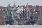 The Boat Race 2012: The 2012 Boat Race, with the boats approaching Hammersmith Bridge: The Cambridge Blue Boat on the left, nearly covered by the boat of the umpire, and the Oxford Blue Boat on the right..




on 07 April 2012 at 14:21, image #312