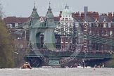 The Boat Race 2012: The 2012 Boat Race, with the boats approaching Hammersmith Bridge: The Cambridge Blue Boat on the left, nearly covered by the boat of the umpire, and the Oxford Blue Boat on the right..




on 07 April 2012 at 14:21, image #314