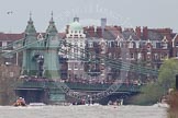 The Boat Race 2012: The 2012 Boat Race, with the boats approaching Hammersmith Bridge: The Cambridge Blue Boat on the left, nearly covered by the boat of the umpire, and the Oxford Blue Boat on the right..




on 07 April 2012 at 14:21, image #315