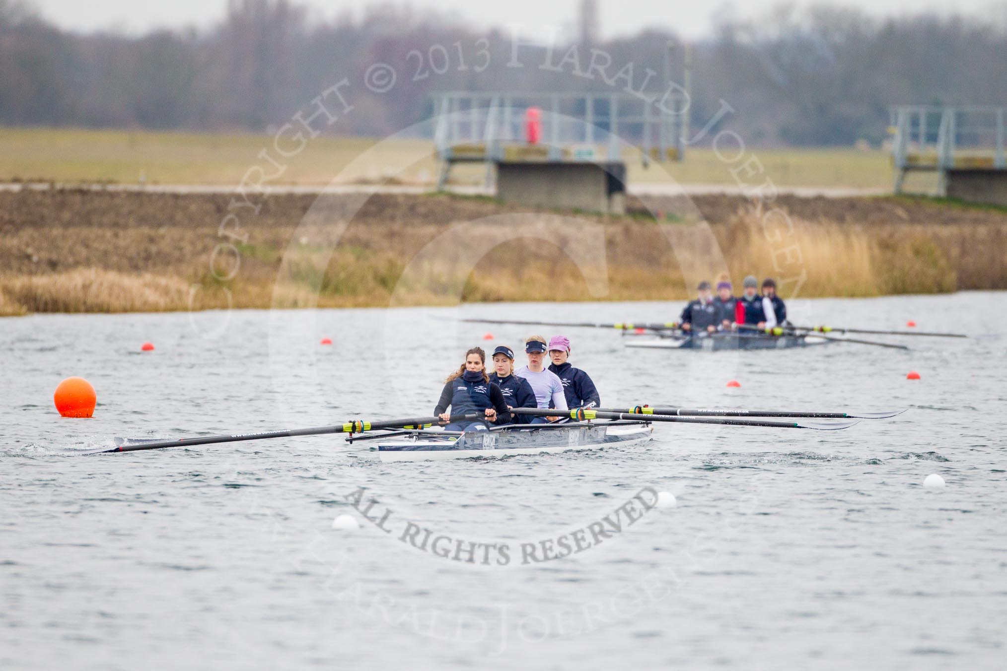 The Boat Race season 2013 - fixture OUWBC vs Molesey BC: Two of OUWBC's coxed fours - Coralie Viollet-Djelassi, Eleanor Darlington, Maria Mazza, Caitlin Goss andcox Sonya Milanova, and in the boat in the background Hannah Ledbury , Emily Chittock, Rachel Purkess, bow Elspeth Cumber and cox Olivia Cleary..
Dorney Lake,
Dorney, Windsor,
Berkshire,
United Kingdom,
on 24 February 2013 at 10:05, image #7