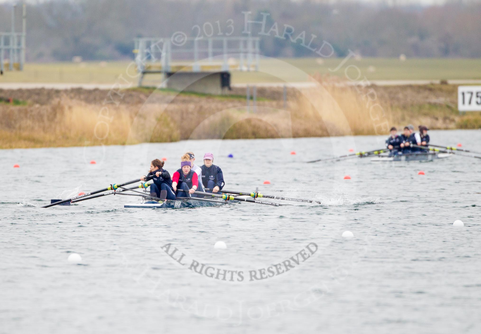 The Boat Race season 2013 - fixture OUWBC vs Molesey BC: Two of OUWBC's coxed fours - Coralie Viollet-Djelassi, Eleanor Darlington, Maria Mazza, Caitlin Goss andcox Sonya Milanova, and in the boat in the background Hannah Ledbury , Emily Chittock, Rachel Purkess, bow Elspeth Cumber and cox Olivia Cleary..
Dorney Lake,
Dorney, Windsor,
Berkshire,
United Kingdom,
on 24 February 2013 at 10:32, image #10