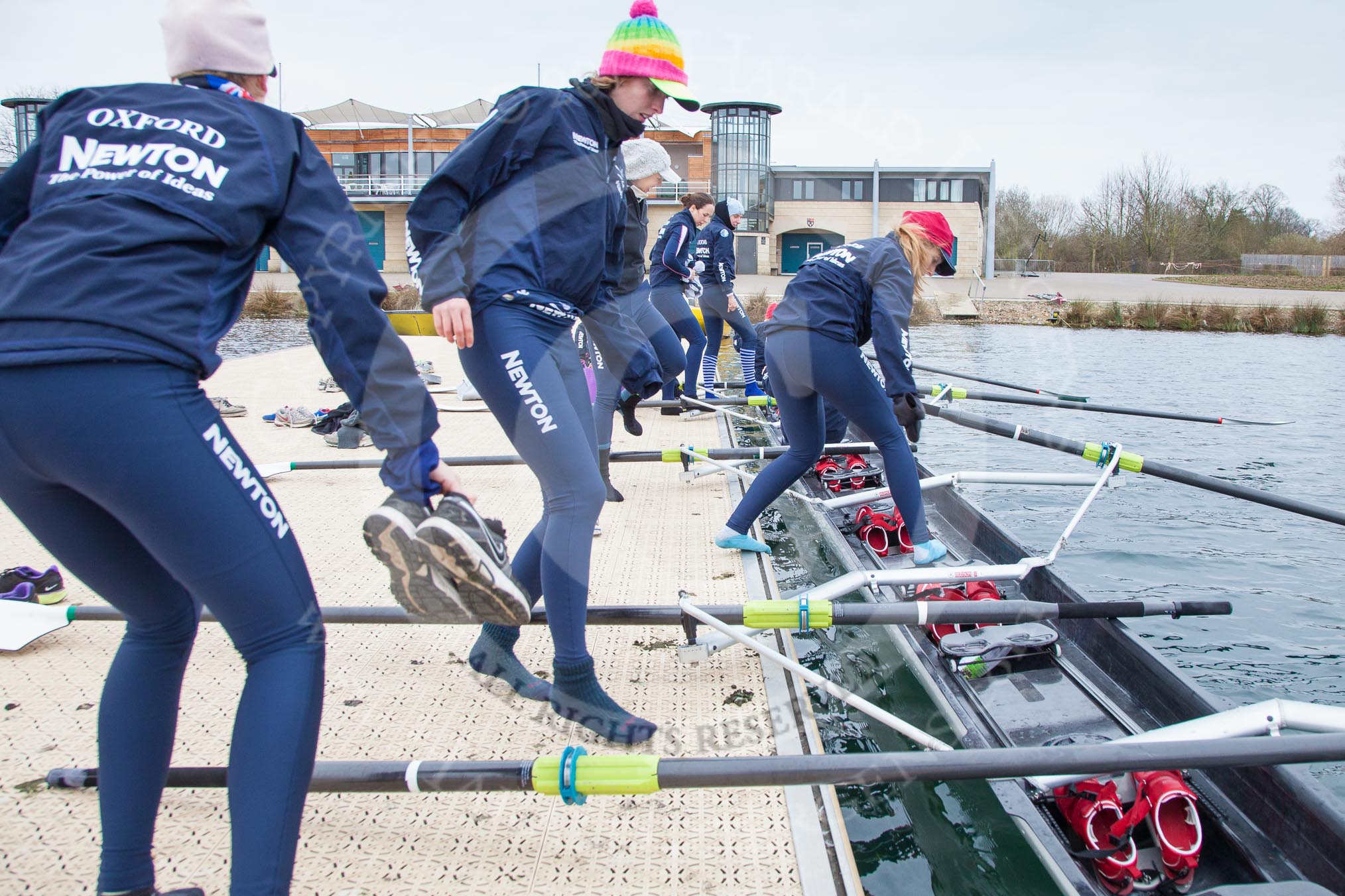 The Boat Race season 2013 - fixture OUWBC vs Molesey BC: The OUWBC Blue Boat crew getting ready for another training session at Dorney Lake - Bow Mariann Novak, Alice Carrington-Windo, Mary Foord Weston, Joanna Lee, Amy Varney, Harriet Keane, Anastasia Chitty and stroke Maxie Scheske..
Dorney Lake,
Dorney, Windsor,
Berkshire,
United Kingdom,
on 24 February 2013 at 11:15, image #31