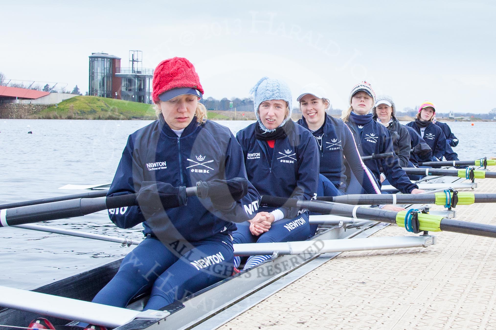 The Boat Race season 2013 - fixture OUWBC vs Molesey BC: Getting ready in the OUWBC boat: Stroke Maxie Scheske, Anastasia Chitty, Harriet Keane, Amy Varney, Joanna Lee, Mary Foord Weston, Alice Carrington-Windo, Mariann Novak..
Dorney Lake,
Dorney, Windsor,
Berkshire,
United Kingdom,
on 24 February 2013 at 11:16, image #40