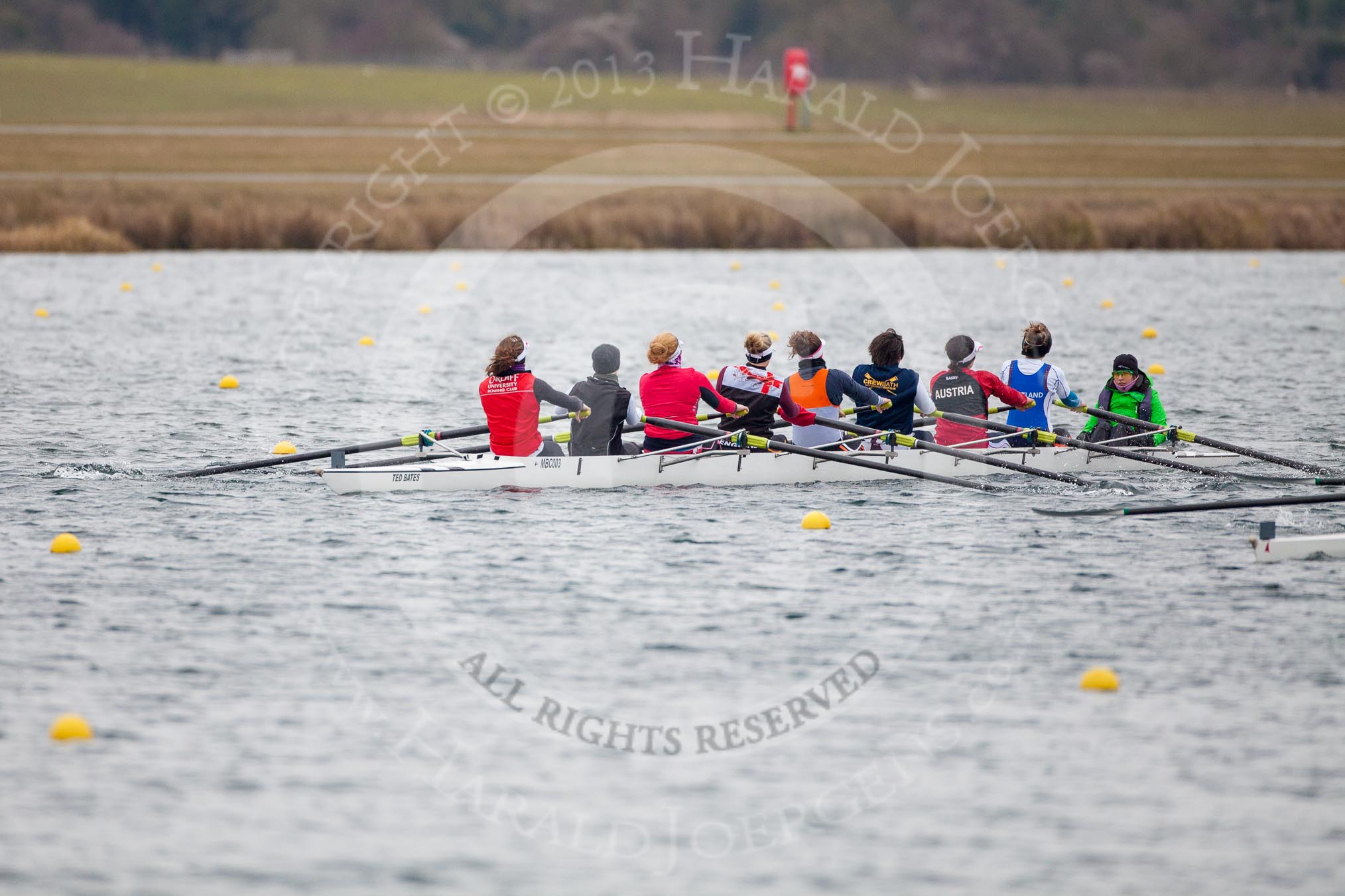 The Boat Race season 2013 - fixture OUWBC vs Molesey BC: The Molesley BC Eight: Bow-Nel Castle-Smith, two-Elly Blackwell, three-Olivia Marshall, four-Catie Sharrod, five-Karen Bennett, six-Amelda Gare, seven-Gabby Rodriguez, stroke-Sam Fowler, cox-Helen Arbuthnot..
Dorney Lake,
Dorney, Windsor,
Berkshire,
United Kingdom,
on 24 February 2013 at 11:44, image #60