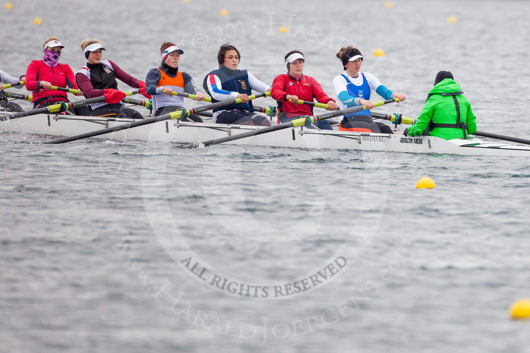 The Boat Race season 2013 - fixture OUWBC vs Molesey BC: The Molesley BC Eight: Three-Olivia Marshall, four-Catie Sharrod, five-Karen Bennett, six-Amelda Gare, seven-Gabby Rodriguez, stroke-Sam Fowler, cox-Helen Arbuthnot..
Dorney Lake,
Dorney, Windsor,
Berkshire,
United Kingdom,
on 24 February 2013 at 11:45, image #84