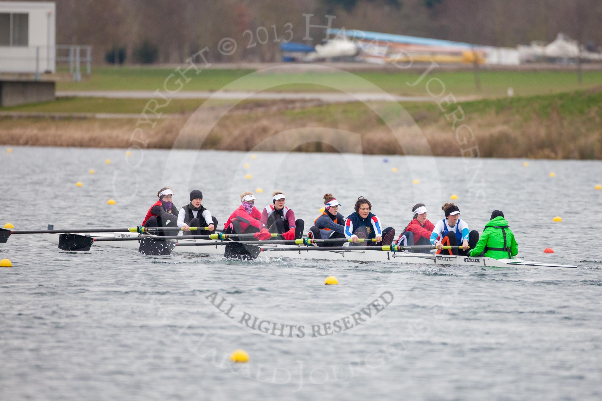 The Boat Race season 2013 - fixture OUWBC vs Molesey BC: The Molesley BC Eight: Bow-Nel Castle-Smith, two-Elly Blackwell, three-Olivia Marshall, four-Catie Sharrod, five-Karen Bennett, six-Amelda Gare, seven-Gabby Rodriguez, stroke-Sam Fowler, cox-Helen Arbuthnot..
Dorney Lake,
Dorney, Windsor,
Berkshire,
United Kingdom,
on 24 February 2013 at 11:45, image #85