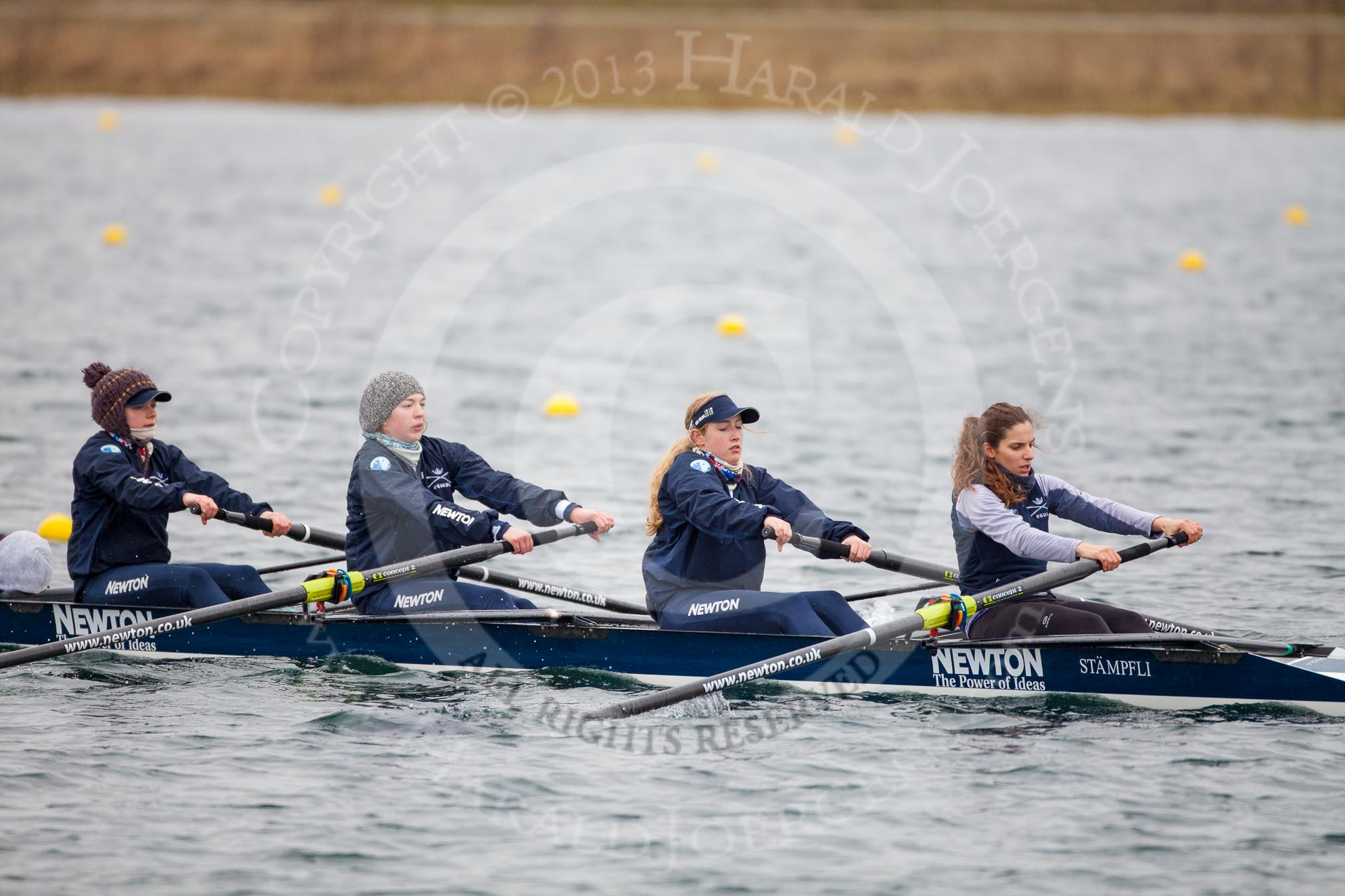 The Boat Race season 2013 - fixture OUWBC vs Molesey BC: OUWBC coxed four with cox Olivia Cleary, bow Elspeth Cumber, Rachel Purkess, Emily Chittock and stroke Hannah Ledbury..
Dorney Lake,
Dorney, Windsor,
Berkshire,
United Kingdom,
on 24 February 2013 at 12:31, image #146