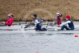 The Boat Race season 2013 - fixture OUWBC vs Molesey BC: In the Molesey BC boat Olivia Marshall, Elly Blackwell, and bow Nell Castle-Smith, in the OUWBC boat cox Sophie Shawdon and stroke Maxie Scheske..
Dorney Lake,
Dorney, Windsor,
Berkshire,
United Kingdom,
on 24 February 2013 at 12:00, image #89