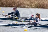 The Boat Race season 2013 - fixture OUWBC vs Molesey BC: Two OUWBC coxed fours racing each other, in the background bow Elspeth Cumber with Olivia Cleary coxing, in the foreground stroke Coralie Viollet-Djelassi in the second OUWBC boat..
Dorney Lake,
Dorney, Windsor,
Berkshire,
United Kingdom,
on 24 February 2013 at 12:19, image #135