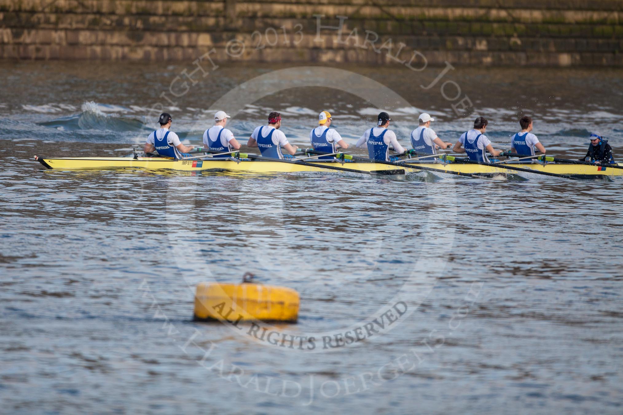Photo 1303021520025D25738HaraldJoergens The Boat Race season 2013 - fixture CUBC vs Leander: Goldie vs Imperial BC shortly after the start of their fixture - Imperial, on the left, and out of the frame, leading..
River Thames Tideway between Putney Bridge and Mortlake,
London SW15,
United Kingdom,
on 02 March 2013 at 15:23, image #28