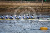 The Boat Race season 2013 - fixture CUBC vs Leander: Goldie vs Imperial BC shortly after the start of their fixture - Imperial in the lead, Cambridge on the right, just in the frame..
River Thames Tideway between Putney Bridge and Mortlake,
London SW15,

United Kingdom,
on 02 March 2013 at 15:23, image #30