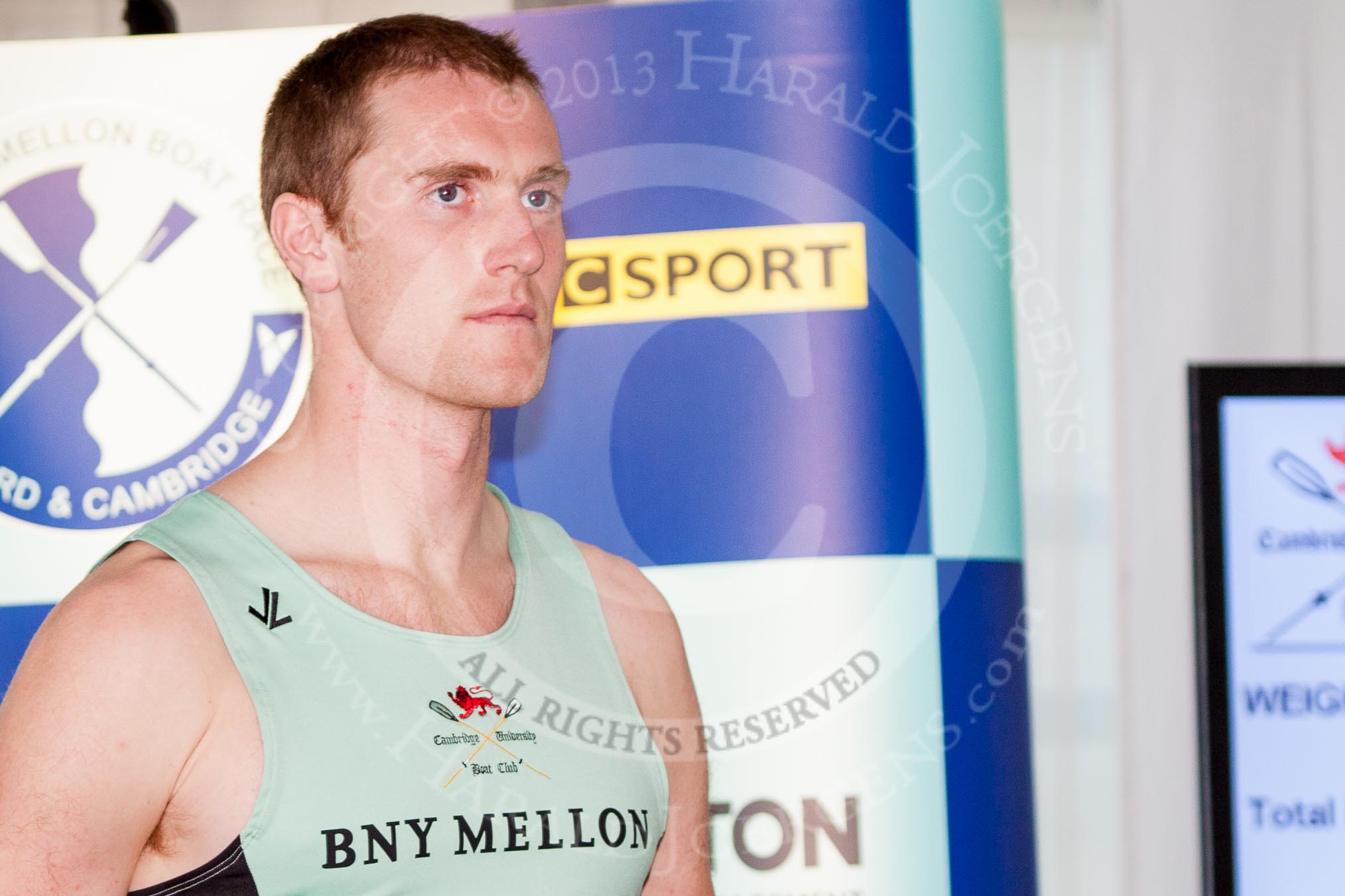 The Boat Race season 2013 - Crew Announcement and Weigh In: The crew for the men's 2013 Boat Race: In the Cambridge five seat George Nash – 94.8kg..
BNY Mellon Centre,
London EC4V 4LA,

United Kingdom,
on 04 March 2013 at 10:29, image #56