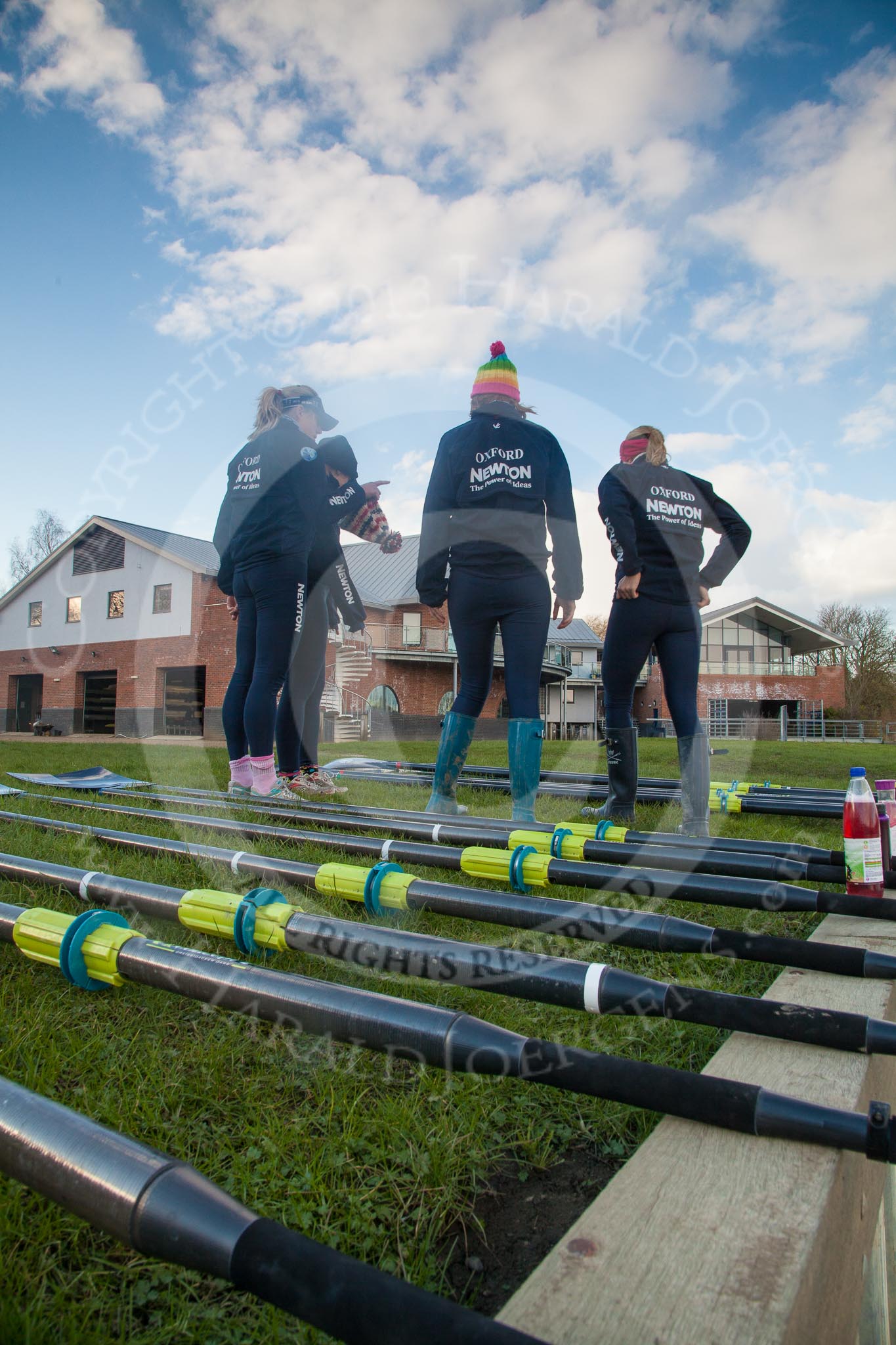 The Boat Race season 2013 - OUWBC training: At the Oxford University Fleming Boathouse inspecting the oars for the training session - Maxie Scheske, Alice Carrington-Windo, Amy Varney and Mary Foord-Weston..
Fleming Boathouse,
Wallingford,
Oxfordshire,
United Kingdom,
on 13 March 2013 at 16:25, image #8