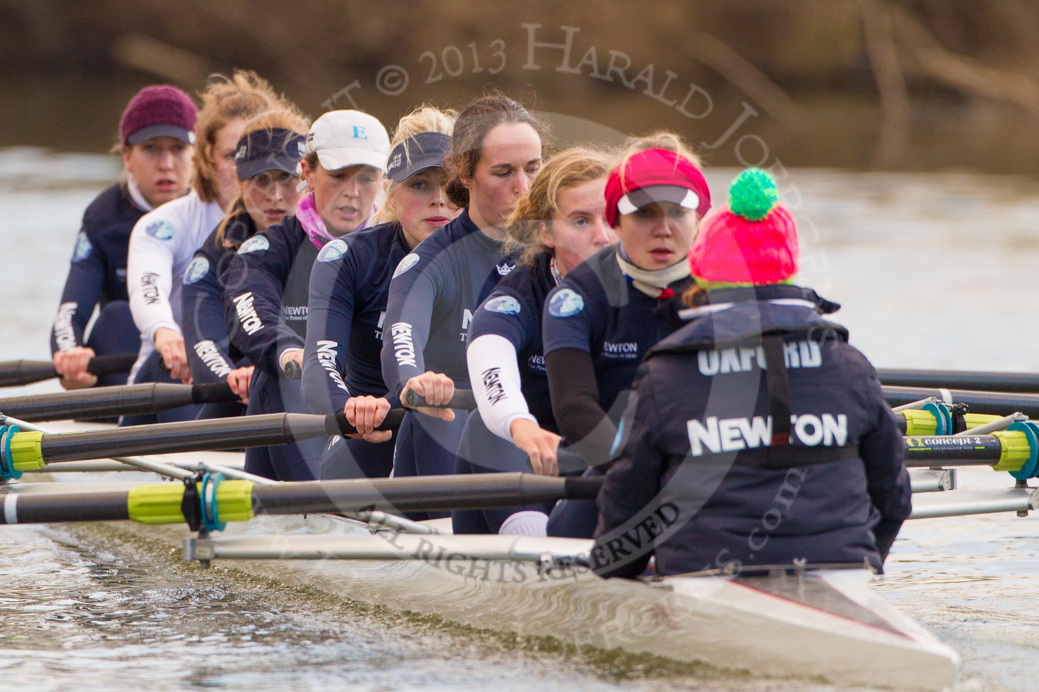 The Boat Race season 2013 - OUWBC training: The OUWBC Blue Boat in training for the 2013 Women's Boat Race on the River Thames near Wallingford: Bow Mariann Novak, then Carrington-Windo, Mary Foord-Weston, Jo Lee, Amy Varney, Harriet Keane, Anastasia Chitty, stroke Maxie Scheske, and cox Katie Apfelbaum..
River Thames,
Wallingford,
Oxfordshire,
United Kingdom,
on 13 March 2013 at 17:01, image #40