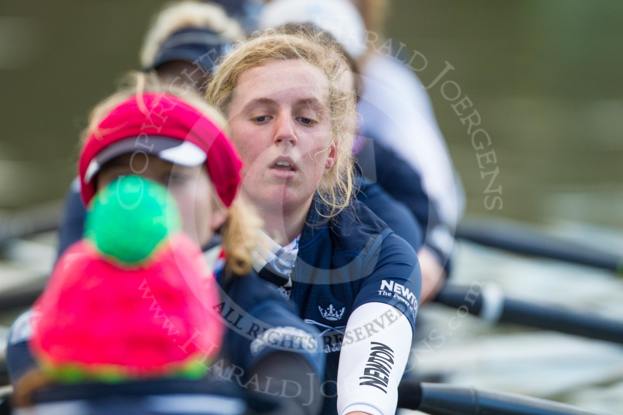 The Boat Race season 2013 - OUWBC training: The OUWBC Blue Boat crew - cox Katie Apfelbaum, stroke Maxie Scheske, Anastasia Chitty, in focus Harriet Keane, Amy Varney, Jo Lee, Mary Foord-Weston, Alice Carrington-Windo, and bow Mariann Novak..
River Thames,
Wallingford,
Oxfordshire,
United Kingdom,
on 13 March 2013 at 17:04, image #60