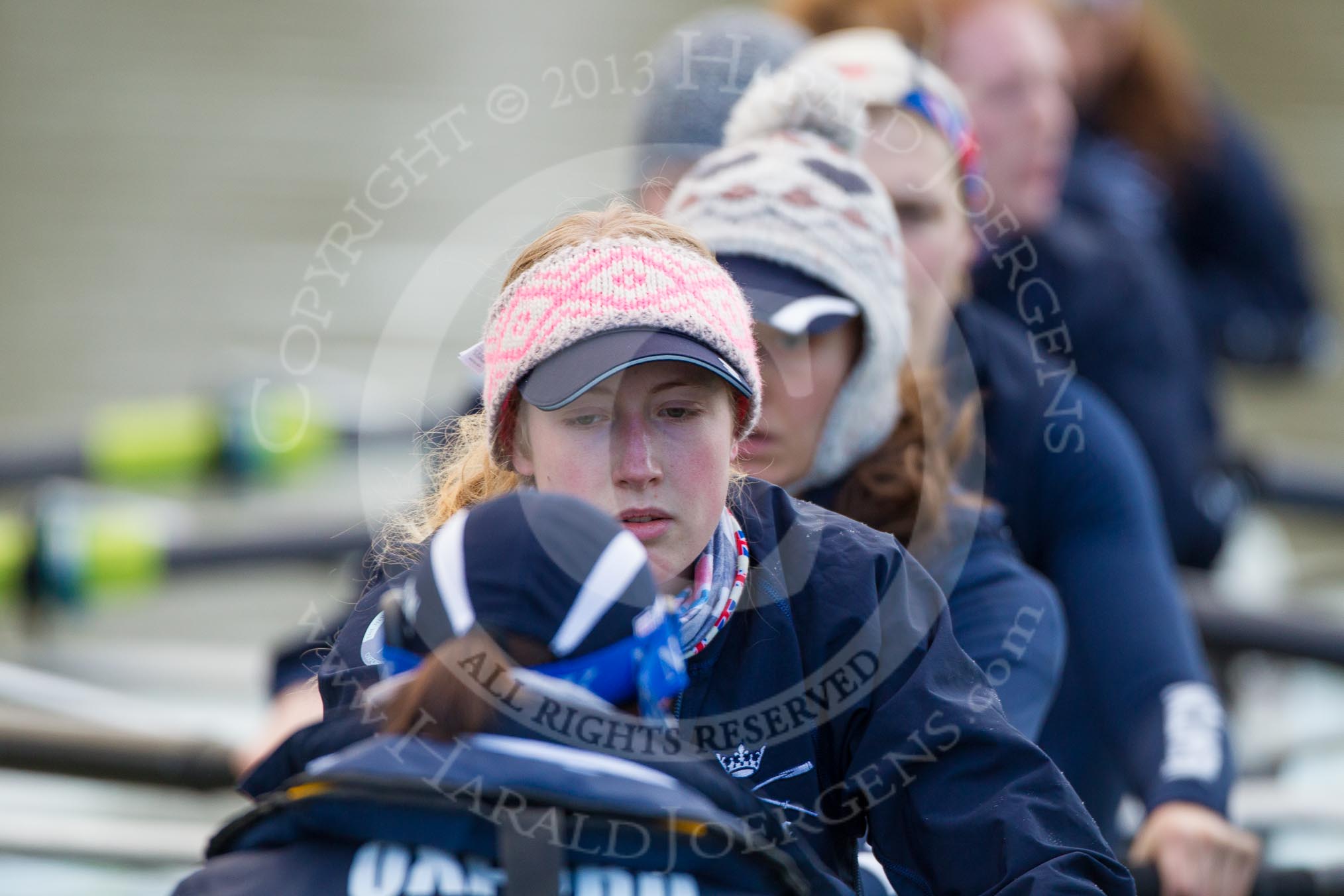 Photo 1303131705041D49604HaraldJoergens The Boat Race season 2013 - OUWBC training: The crew of Osiris, the OUWBC reserve boat: Cox Sophie Shawdon, stroke Emily Chittock, then Annika Bruger, Caitlin Goss, Rachel Purkess, Eleanor Darlington, Hannah Ledbury, Elspeth Cumber,  and bow Coralie Viollet-Djelassi..
River Thames,
Wallingford,
Oxfordshire,
United Kingdom,
on 13 March 2013 at 17:05, image #71
