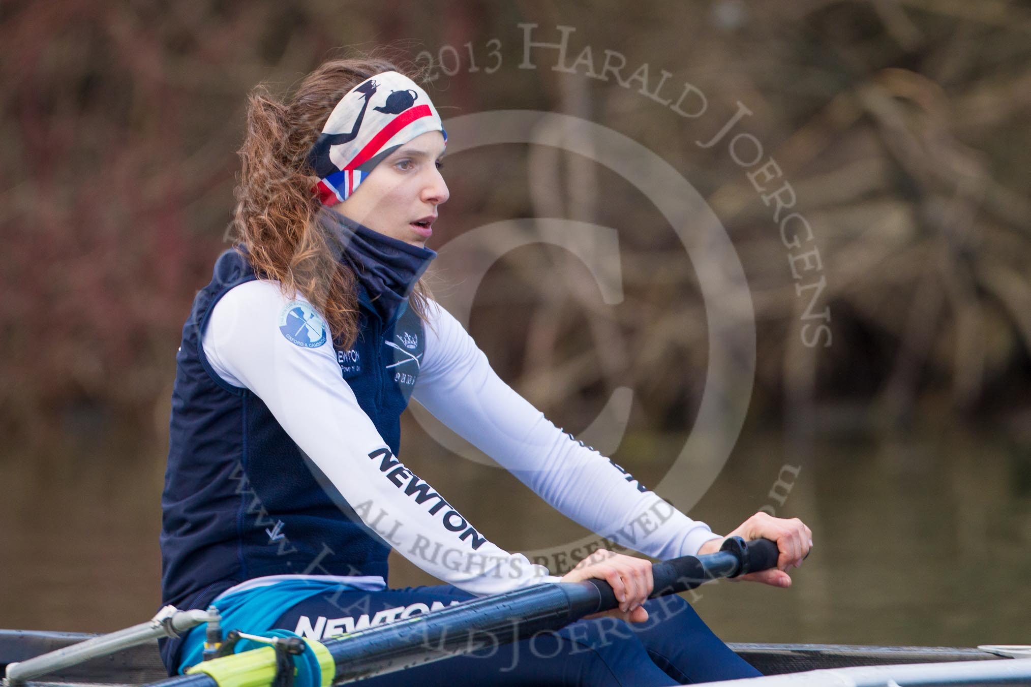 The Boat Race season 2013 - OUWBC training: At the bow of Osiris, the OUWBC reserve boat, Coralie Viollet-Djelassi..
River Thames,
Wallingford,
Oxfordshire,
United Kingdom,
on 13 March 2013 at 17:07, image #79