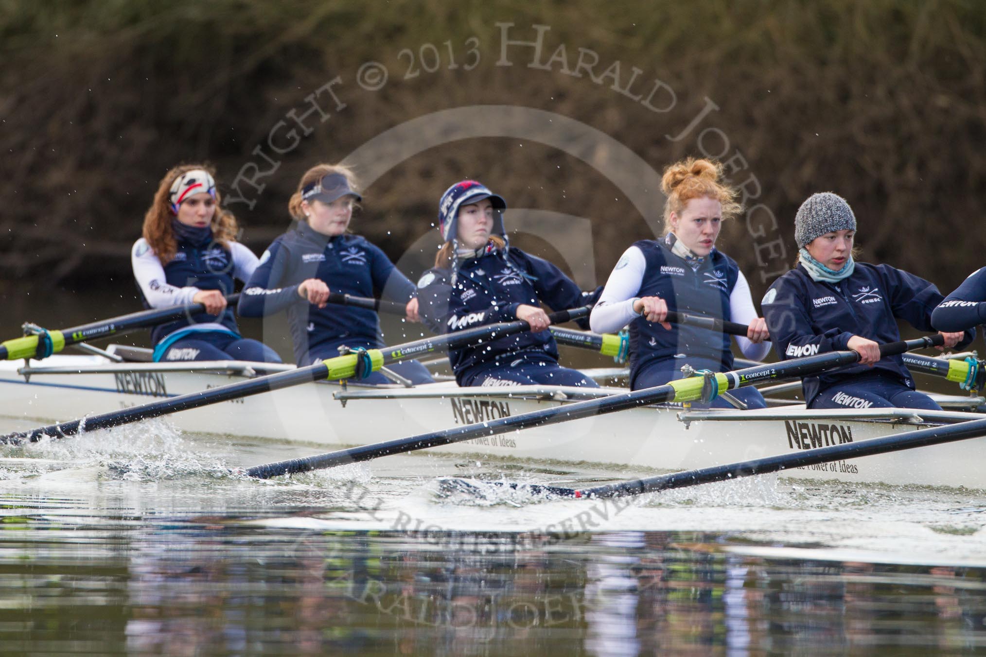 The Boat Race season 2013 - OUWBC training: Osiris, the OUWBC reserve boat: Bow Coralie Viollet-Djelassi, then Elspeth Cumber, Hannah Ledbury, Eleanor Darlington, Rachel Purkess, Caitlin Goss, Annika Bruger, and stroke Emily Chittock..
River Thames,
Wallingford,
Oxfordshire,
United Kingdom,
on 13 March 2013 at 17:07, image #83