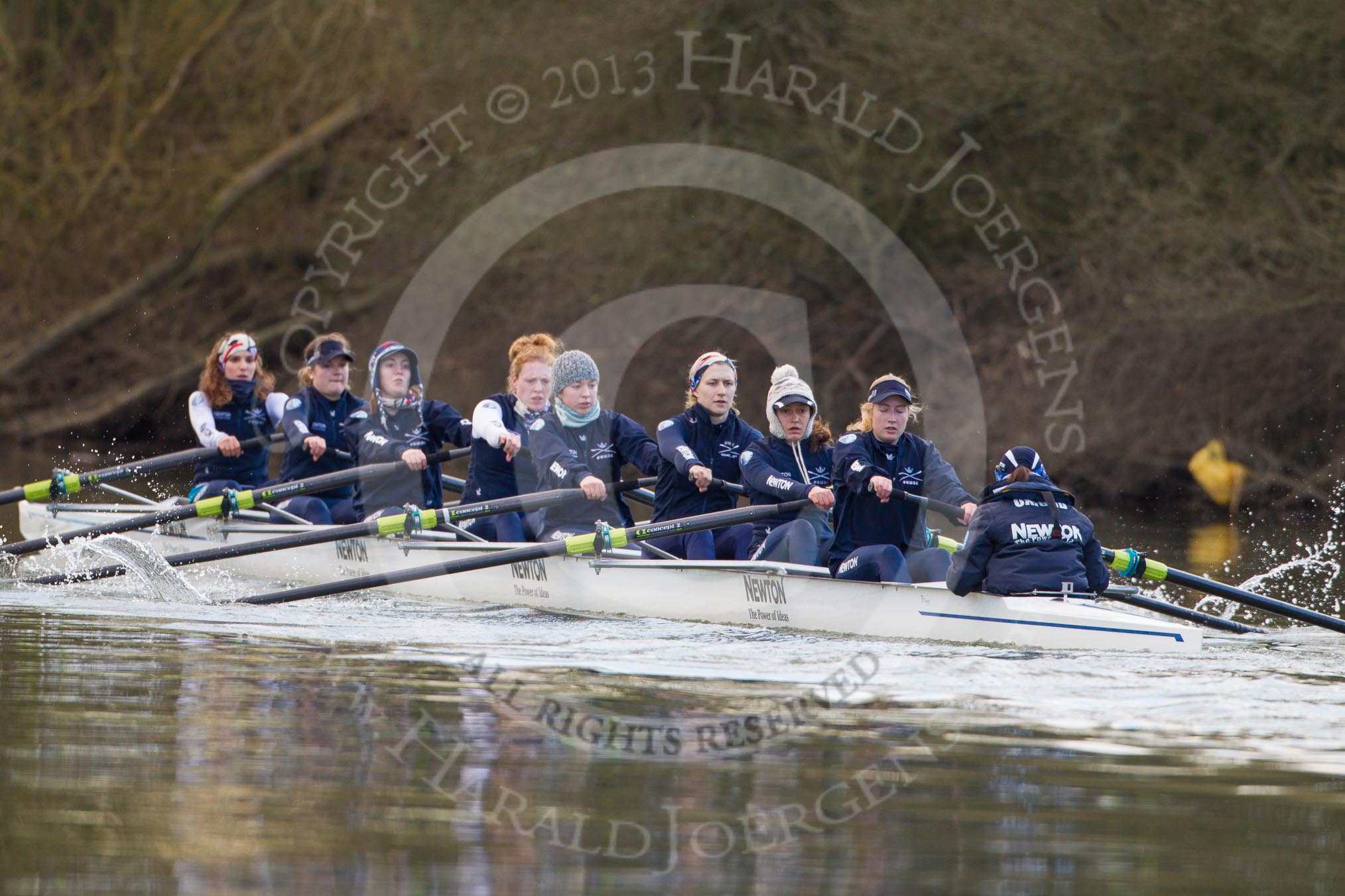 The Boat Race season 2013 - OUWBC training: Osiris, the OUWBC reserve boat: Bow Coralie Viollet-Djelassi, then Elspeth Cumber, Hannah Ledbury, Eleanor Darlington, Rachel Purkess, Caitlin Goss, Annika Bruger, Emily Chittock, and cox Sophie Shawdon..
River Thames,
Wallingford,
Oxfordshire,
United Kingdom,
on 13 March 2013 at 17:07, image #85