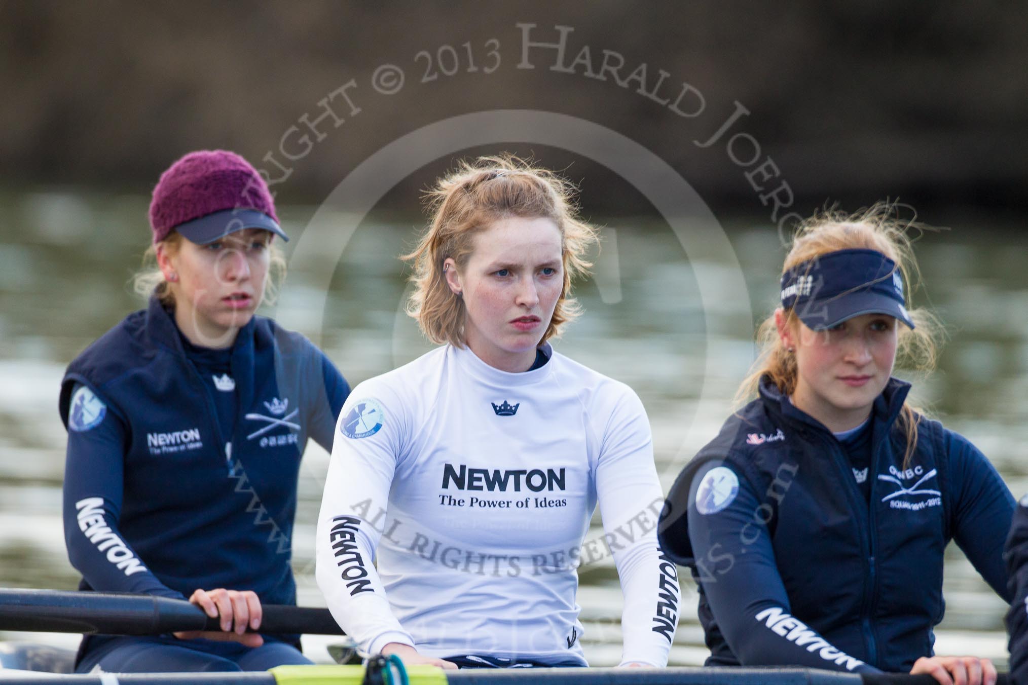 The Boat Race season 2013 - OUWBC training: OUWBC Blue Boat bow Mariann Novak. 2 seat Alice Carrington-Windo, and 3 seat Mary Foord-Weston..
River Thames,
Wallingford,
Oxfordshire,
United Kingdom,
on 13 March 2013 at 17:08, image #86