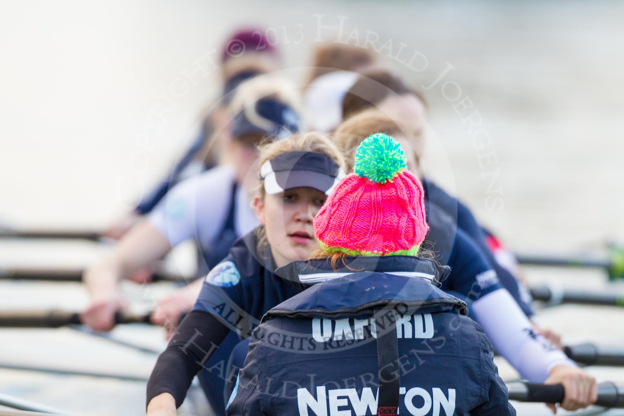 The Boat Race season 2013 - OUWBC training: The OUWBC Blue Boat during the training session - bow Mariann Novak, Alice Carrington-Windo, Mary Foord-Weston, Jo Lee, Amy Varney, Harriet Keane, Anastasia Chitty, stroke Maxie Scheske, and cox Katie Apfelbaum..
River Thames,
Wallingford,
Oxfordshire,
United Kingdom,
on 13 March 2013 at 17:08, image #89