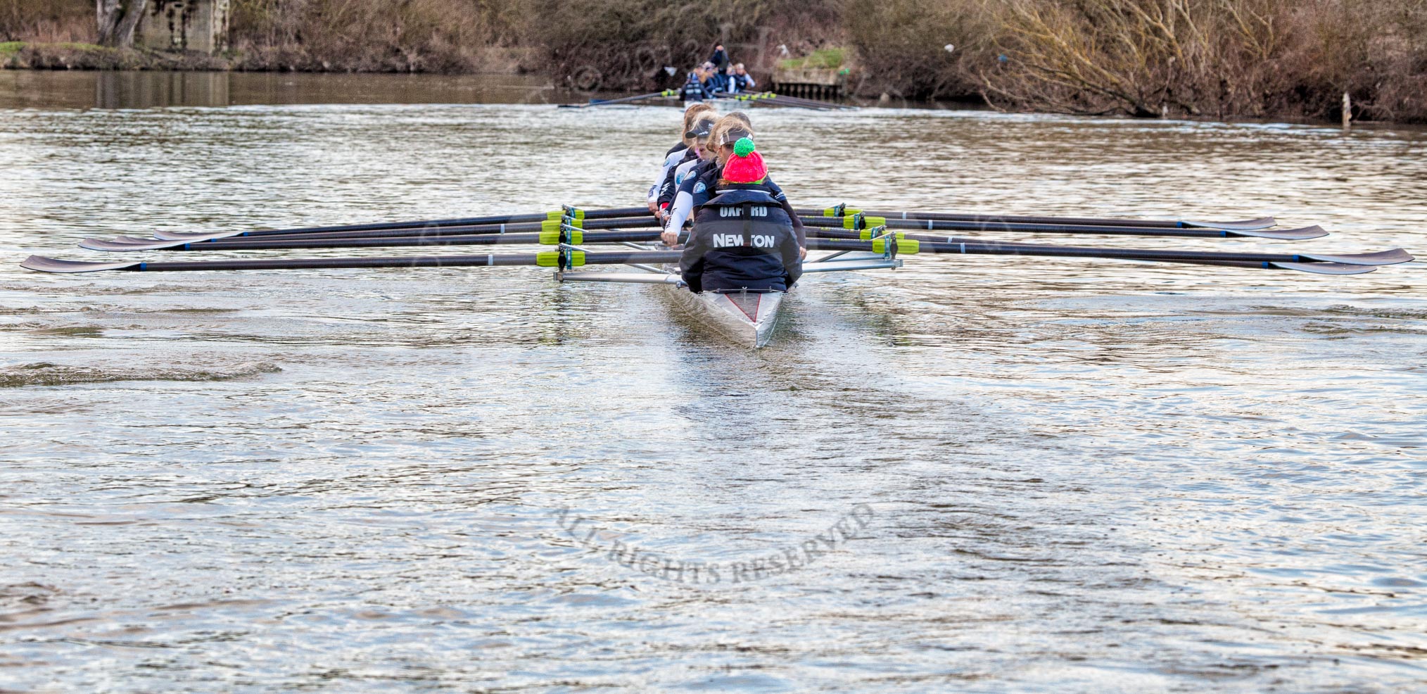The Boat Race season 2013 - OUWBC training: The OUWBC Blue Boat during the training session - bow Mariann Novak, Alice Carrington-Windo, Mary Foord-Weston, Jo Lee, Amy Varney, Harriet Keane, Anastasia Chitty, stroke Maxie Scheske, and cox Katie Apfelbaum..
River Thames,
Wallingford,
Oxfordshire,
United Kingdom,
on 13 March 2013 at 17:10, image #91