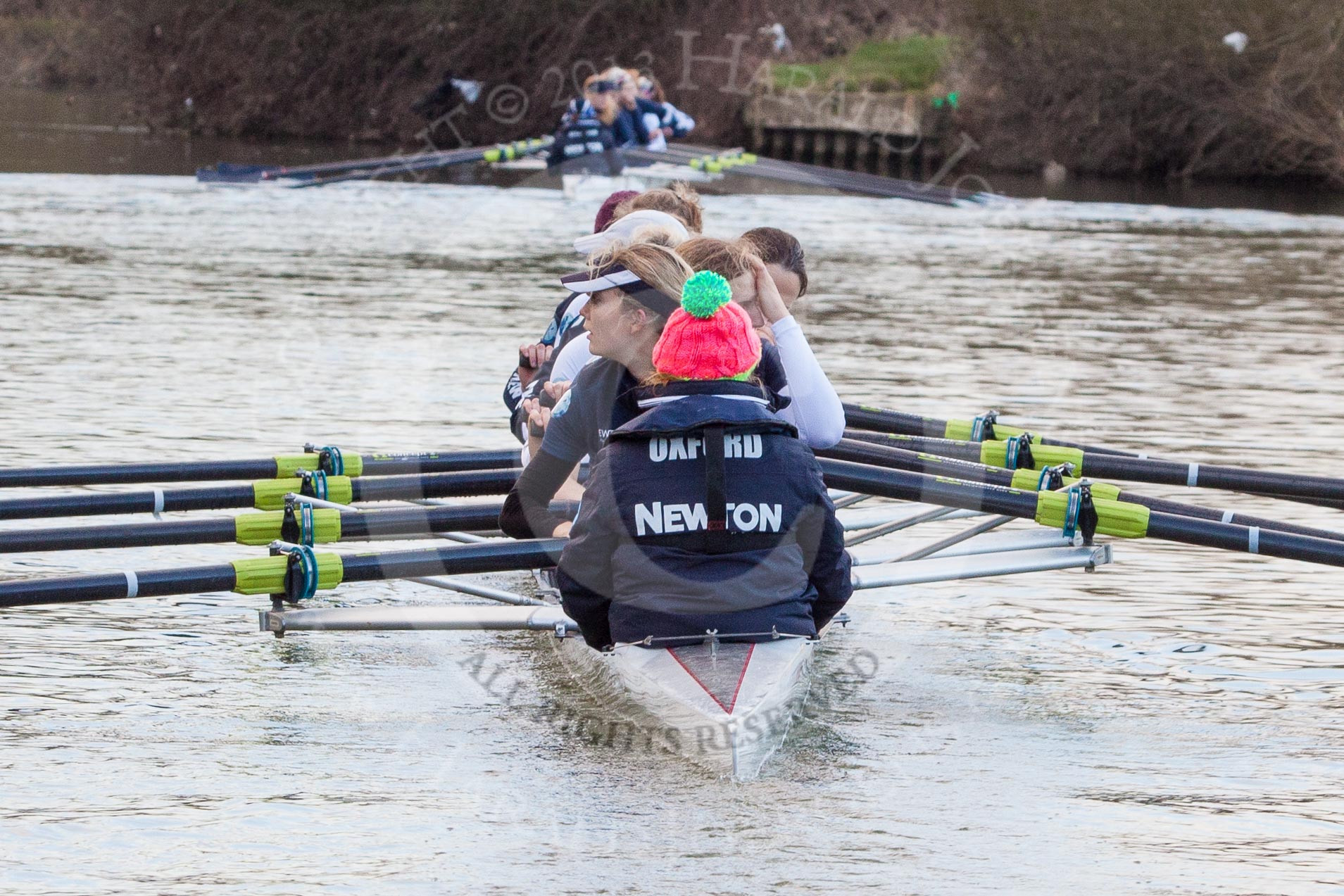 Photo 1303131709545D27469HaraldJoergens The Boat Race season 2013 - OUWBC training: The OUWBC Blue Boat during the training session - bow Mariann Novak, Alice Carrington-Windo, Mary Foord-Weston, Jo Lee, Amy Varney, Harriet Keane, Anastasia Chitty, stroke Maxie Scheske, and cox Katie Apfelbaum..
River Thames,
Wallingford,
Oxfordshire,
United Kingdom,
on 13 March 2013 at 17:10, image #92