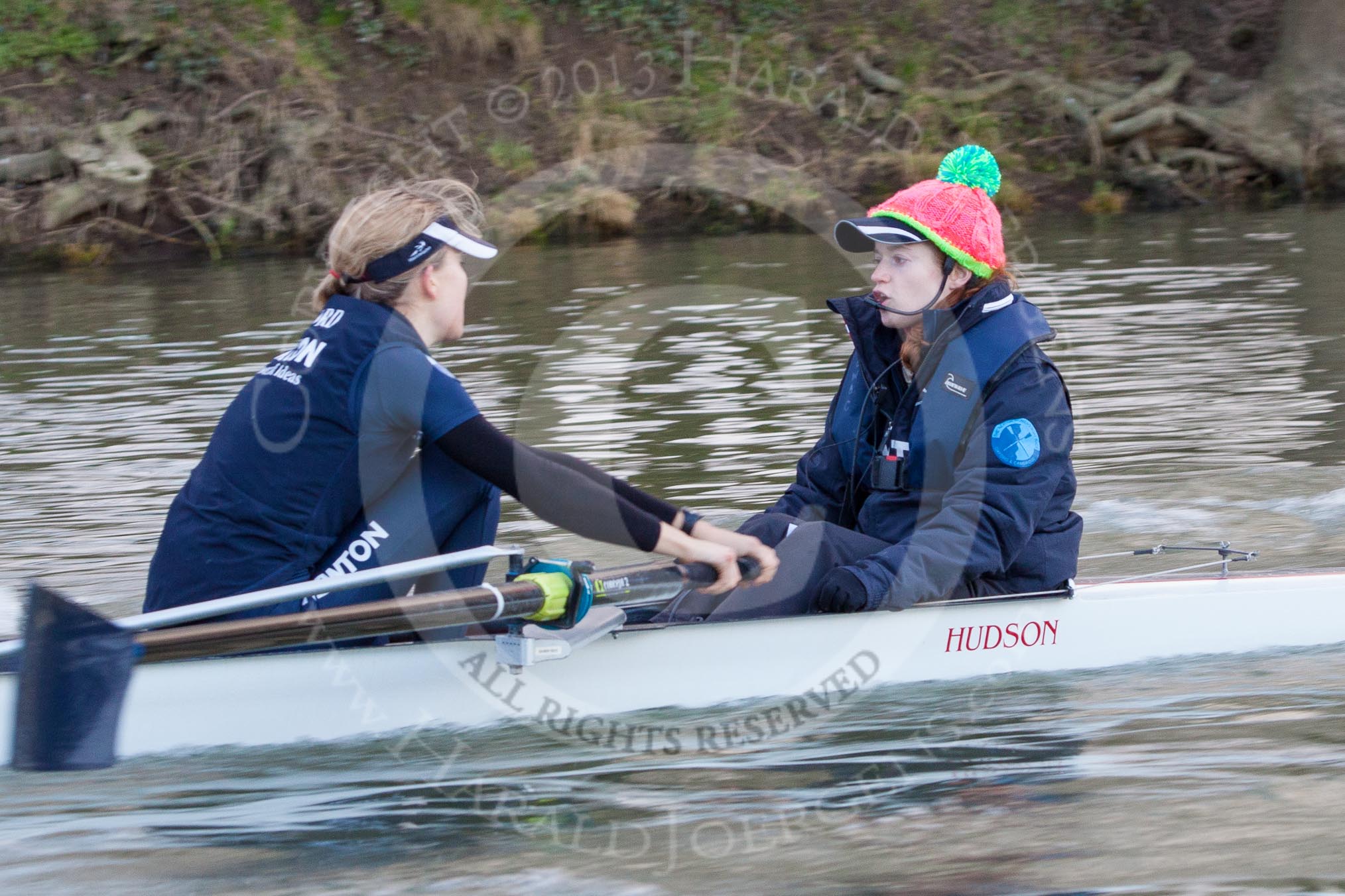 The Boat Race season 2013 - OUWBC training: In the OUWBC Blue Boat stroke Maxie Scheske and cox Katie Apfelbaum..
River Thames,
Wallingford,
Oxfordshire,
United Kingdom,
on 13 March 2013 at 17:12, image #104