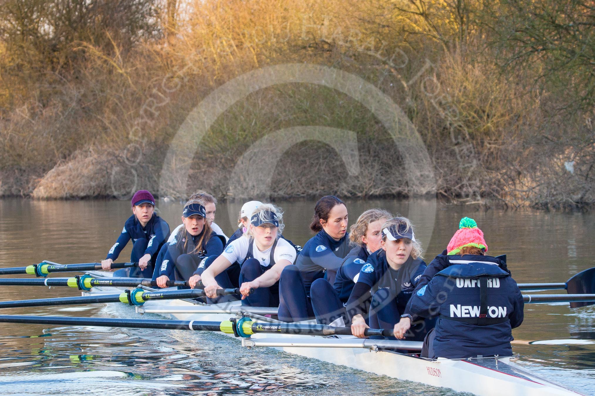 The Boat Race season 2013 - OUWBC training: The OUWBC Blue Boat during the training session - bow Mariann Novak, Alice Carrington-Windo, Mary Foord-Weston, Jo Lee, Amy Varney, Harriet Keane, Anastasia Chitty, stroke Maxie Scheske, and cox Katie Apfelbaum..
River Thames,
Wallingford,
Oxfordshire,
United Kingdom,
on 13 March 2013 at 17:14, image #116