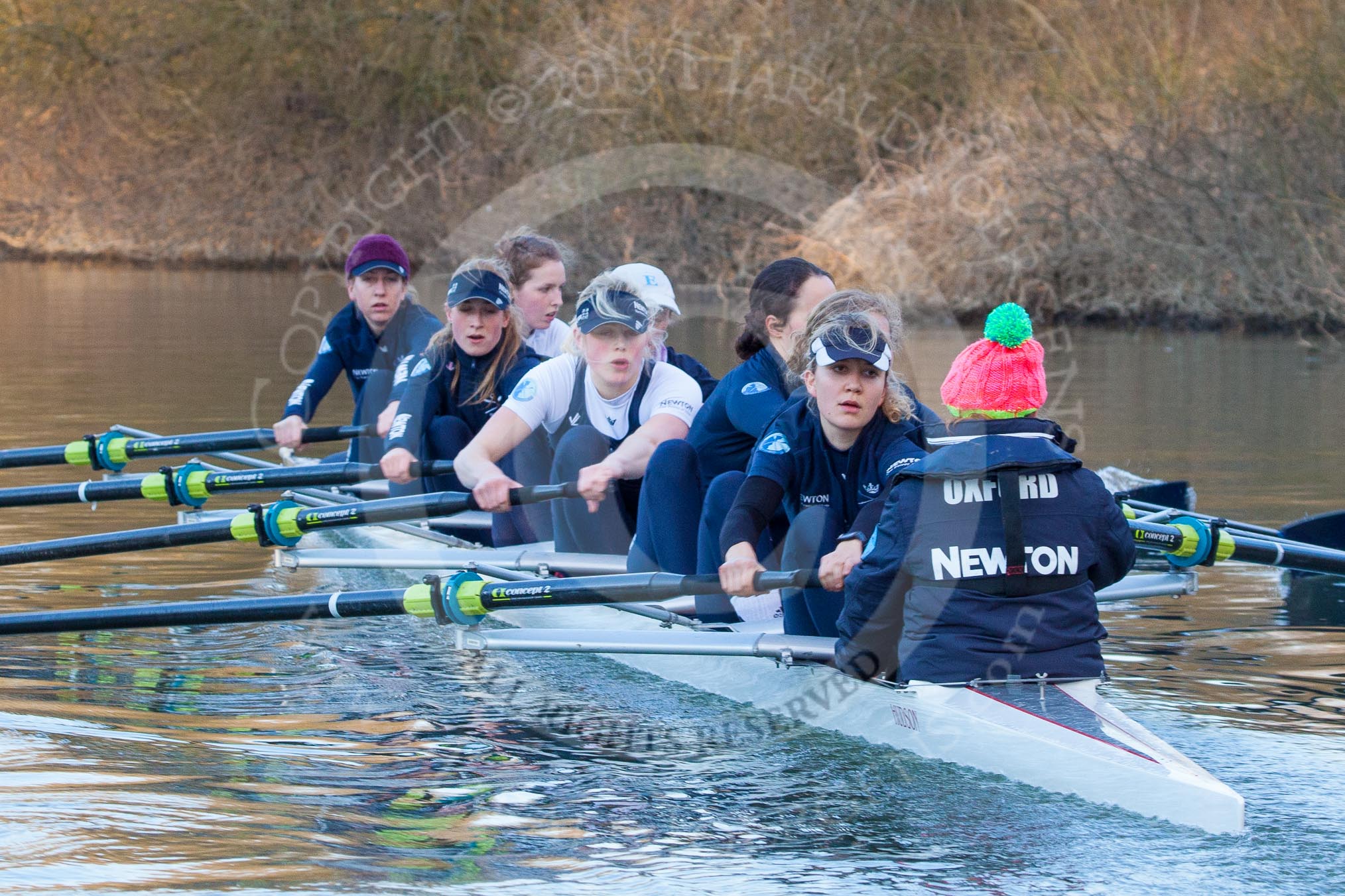 The Boat Race season 2013 - OUWBC training: The OUWBC Blue Boat during the training session - bow Mariann Novak, Alice Carrington-Windo, Mary Foord-Weston, Jo Lee, Amy Varney, Harriet Keane, Anastasia Chitty, stroke Maxie Scheske, and cox Katie Apfelbaum..
River Thames,
Wallingford,
Oxfordshire,
United Kingdom,
on 13 March 2013 at 17:15, image #117
