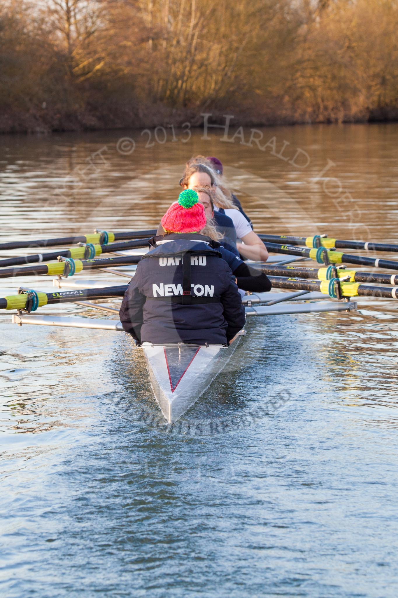 The Boat Race season 2013 - OUWBC training: The OUWBC Blue Boat during the training session - cox Katie Apfelbaum, stroke Maxie Scheske, Anastasia Chitty, Harriet Keane, Amy Varney, Jo Lee, Mary Foord-Weston, Alice Carrington-Windo, and bow Mariann Novak..
River Thames,
Wallingford,
Oxfordshire,
United Kingdom,
on 13 March 2013 at 17:15, image #118