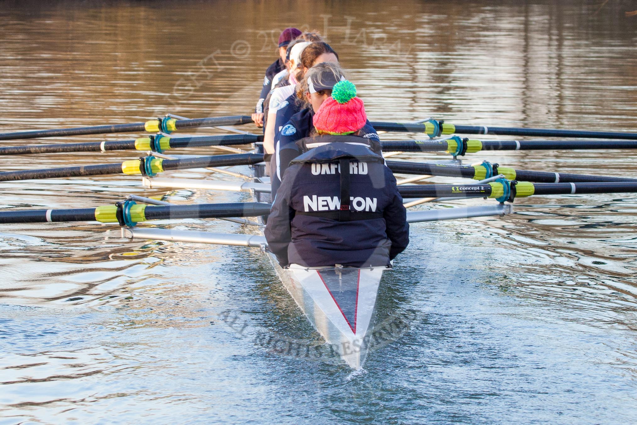 The Boat Race season 2013 - OUWBC training: The OUWBC Blue Boat during the training session - cox Katie Apfelbaum, stroke Maxie Scheske, Anastasia Chitty, Harriet Keane, Amy Varney, Jo Lee, Mary Foord-Weston, Alice Carrington-Windo, and bow Mariann Novak..
River Thames,
Wallingford,
Oxfordshire,
United Kingdom,
on 13 March 2013 at 17:15, image #119