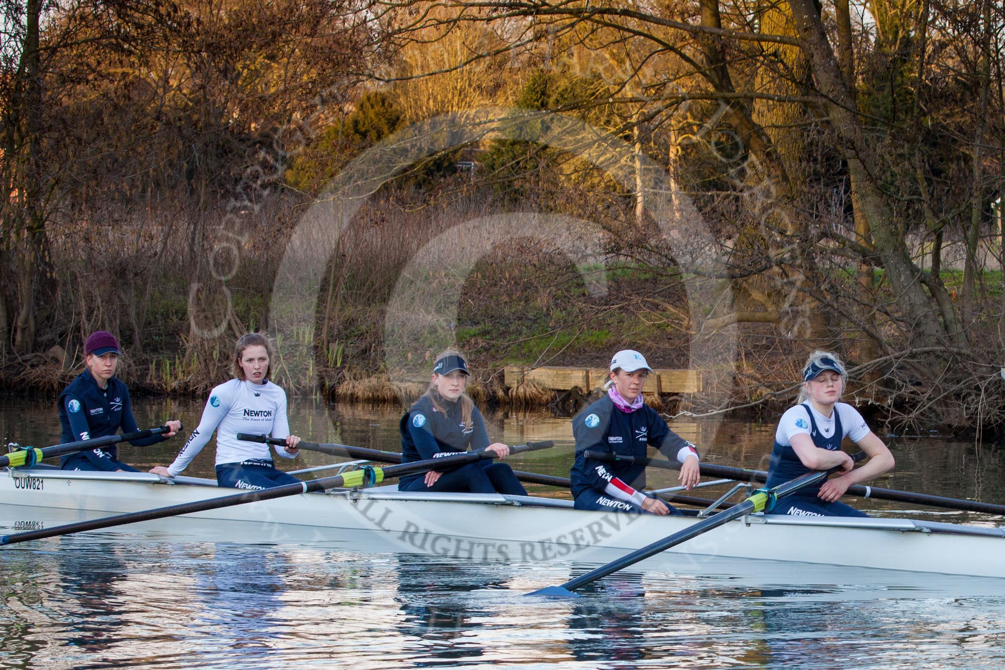 The Boat Race season 2013 - OUWBC training: In the OUWBC Blue Boat bow Mariann Novak, Alice Carrington-Windo, Mary Foord-Weston, Jo Lee, and 5 seat Amy Varney..
River Thames,
Wallingford,
Oxfordshire,
United Kingdom,
on 13 March 2013 at 17:18, image #125