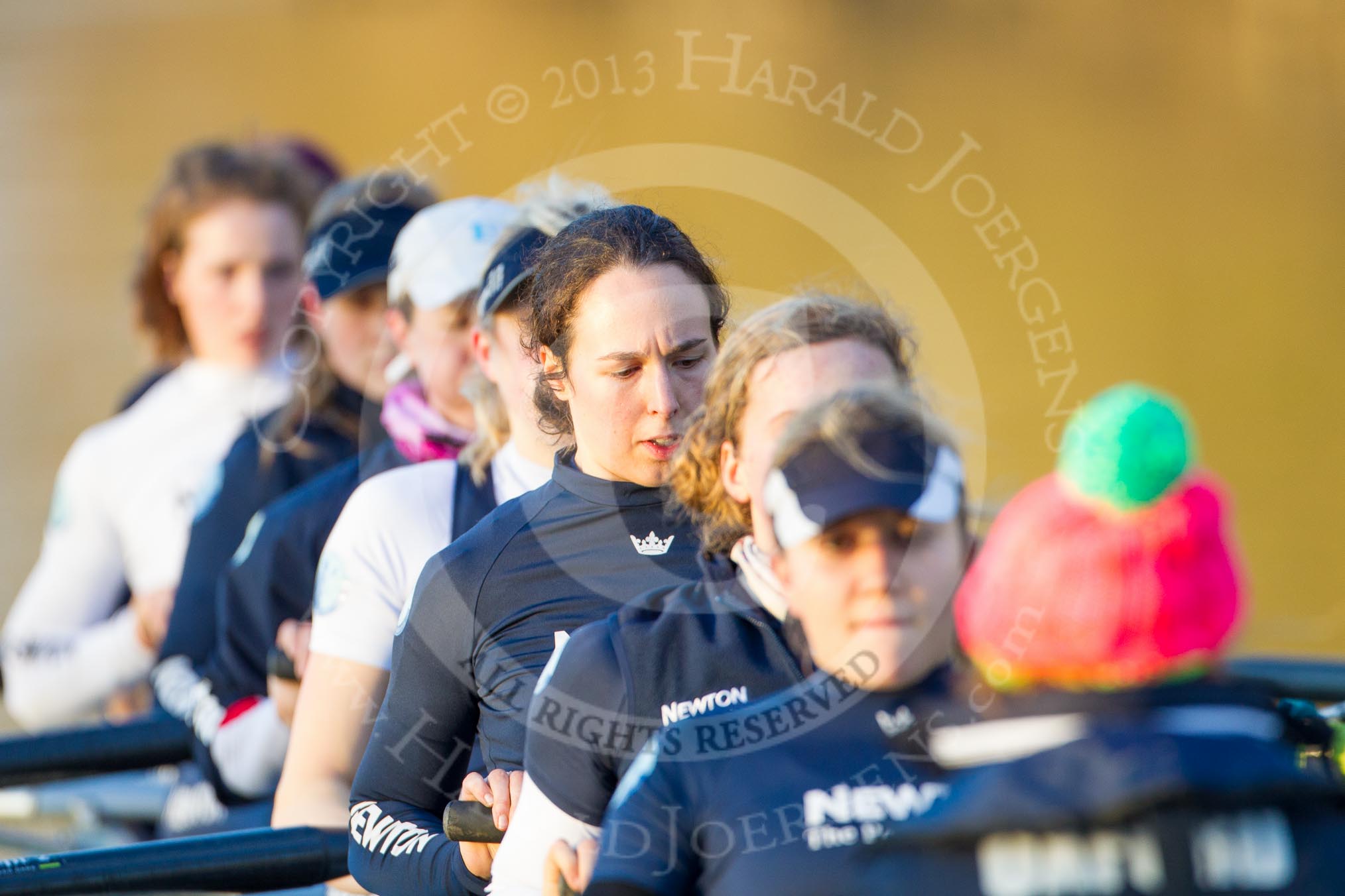 The Boat Race season 2013 - OUWBC training: The OUWBC Blue Boat during the training session - bow Mariann Novak, Alice Carrington-Windo, Mary Foord-Weston, Jo Lee, Amy Varney, Harriet Keane, Anastasia Chitty, stroke Maxie Scheske, and cox Katie Apfelbaum..
River Thames,
Wallingford,
Oxfordshire,
United Kingdom,
on 13 March 2013 at 17:19, image #128