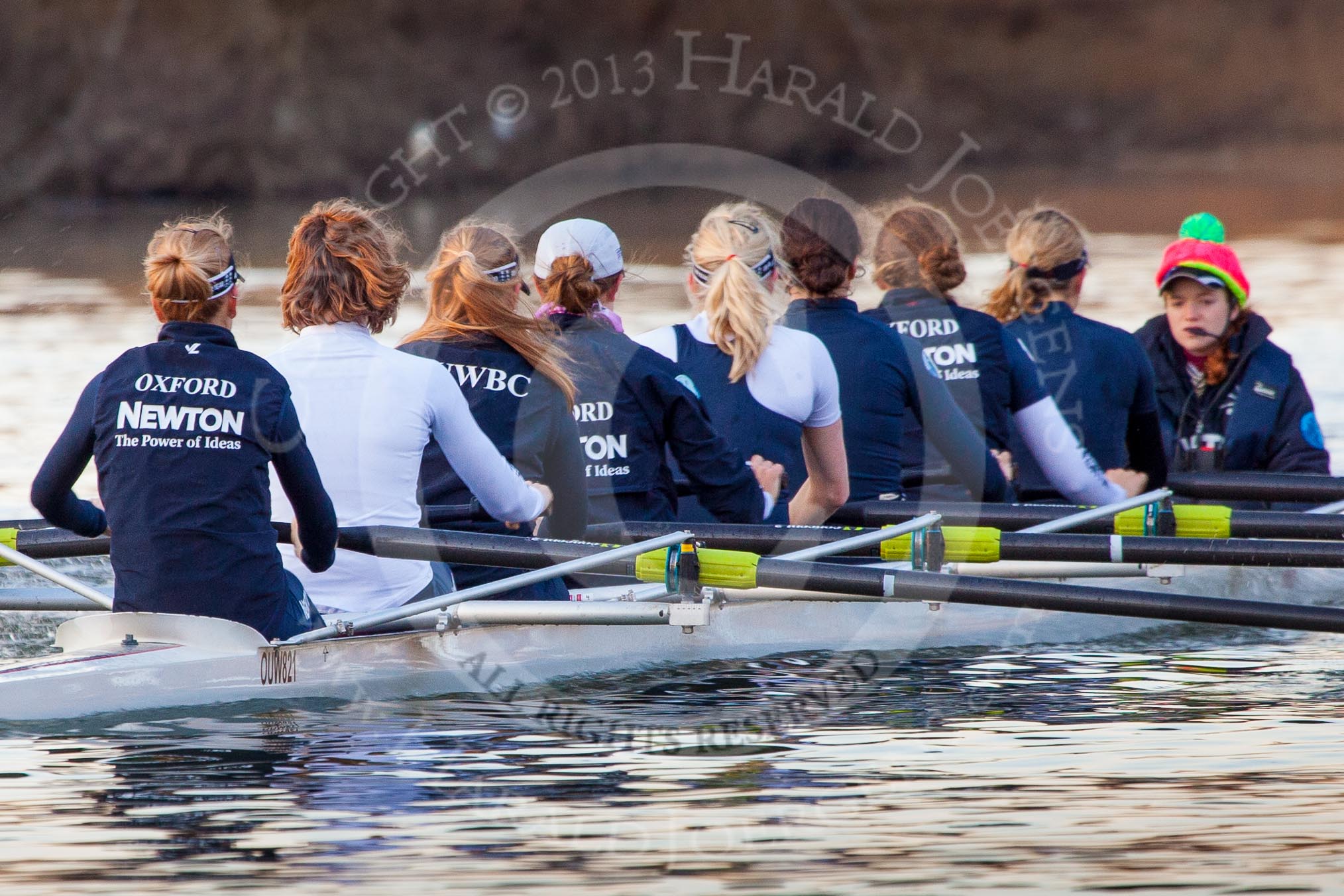 Photo 1303131727385D27800HaraldJoergens The Boat Race season 2013 - OUWBC training: The OUWBC Blue Boat during the training session - bow Mariann Novak, Alice Carrington-Windo, Mary Foord-Weston, Jo Lee, Amy Varney, Harriet Keane, Anastasia Chitty, stroke Maxie Scheske, and cox Katie Apfelbaum..
River Thames,
Wallingford,
Oxfordshire,
United Kingdom,
on 13 March 2013 at 17:27, image #143
