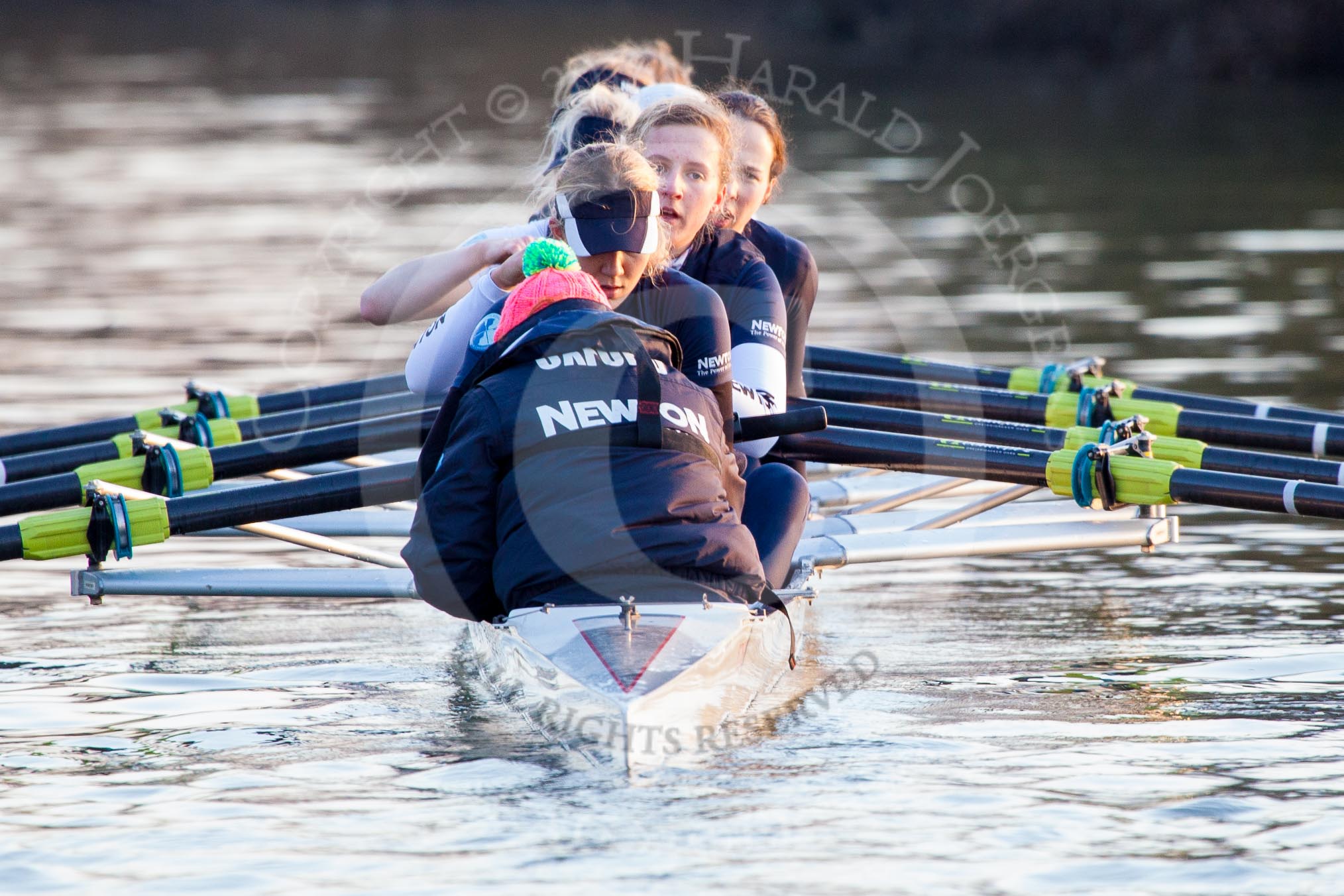 The Boat Race season 2013 - OUWBC training: The OUWBC Blue Boat during the training session - cox Katie Apfelbaum, stroke Maxie Scheske, Anastasia Chitty, Harriet Keane, Amy Varney, Jo Lee, Mary Foord-Weston, Alice Carrington-Windo, and bow Mariann Novak..
River Thames,
Wallingford,
Oxfordshire,
United Kingdom,
on 13 March 2013 at 17:29, image #145