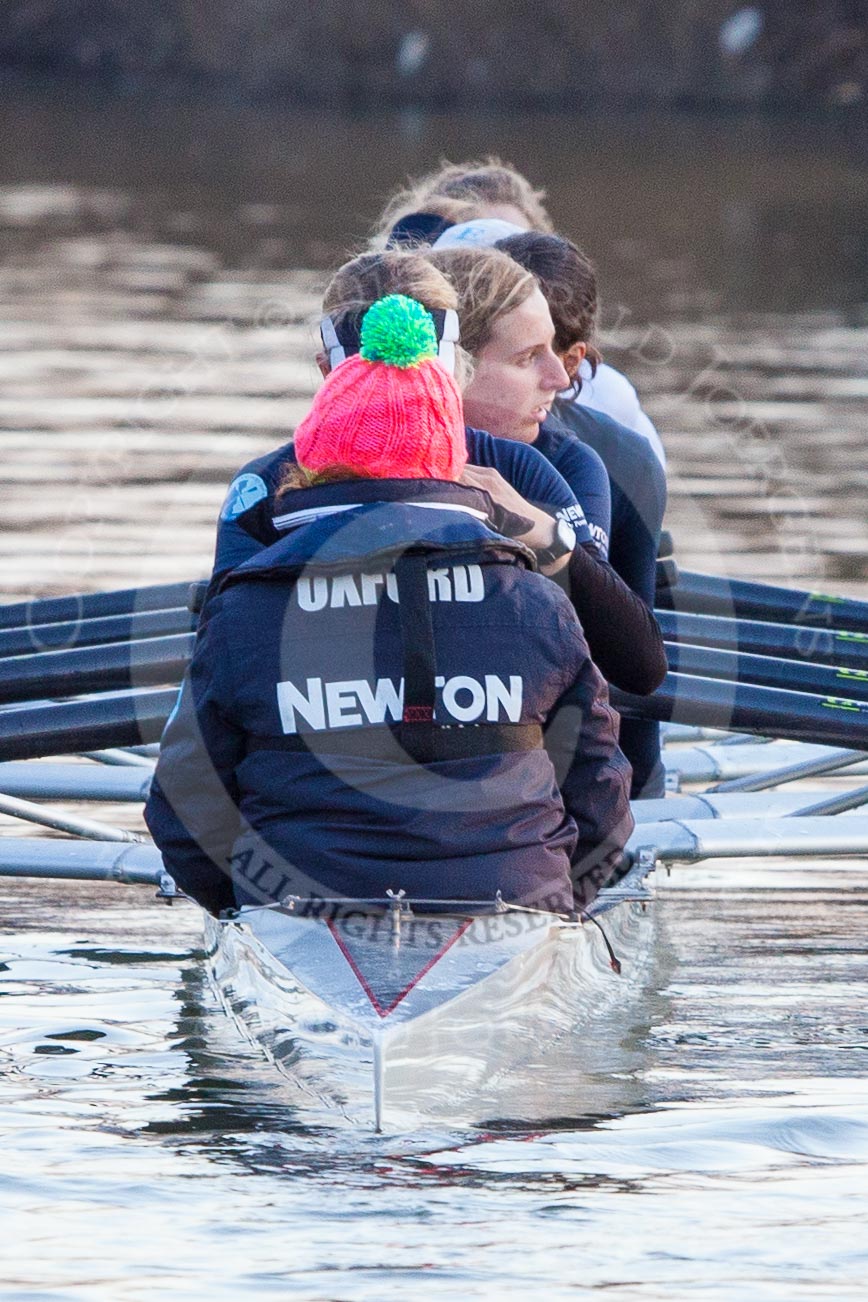 The Boat Race season 2013 - OUWBC training: The OUWBC Blue Boat during the training session - cox Katie Apfelbaum, stroke Maxie Scheske, Anastasia Chitty, Harriet Keane, Amy Varney, Jo Lee, Mary Foord-Weston, Alice Carrington-Windo, and bow Mariann Novak..
River Thames,
Wallingford,
Oxfordshire,
United Kingdom,
on 13 March 2013 at 17:29, image #146