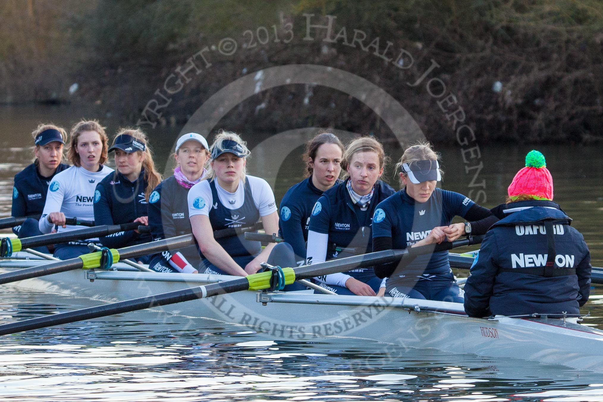 The Boat Race season 2013 - OUWBC training: The OUWBC Blue Boat during the training session - bow Mariann Novak, Alice Carrington-Windo, Mary Foord-Weston, Jo Lee, Amy Varney, Harriet Keane, Anastasia Chitty, stroke Maxie Scheske, and cox Katie Apfelbaum..
River Thames,
Wallingford,
Oxfordshire,
United Kingdom,
on 13 March 2013 at 17:29, image #149