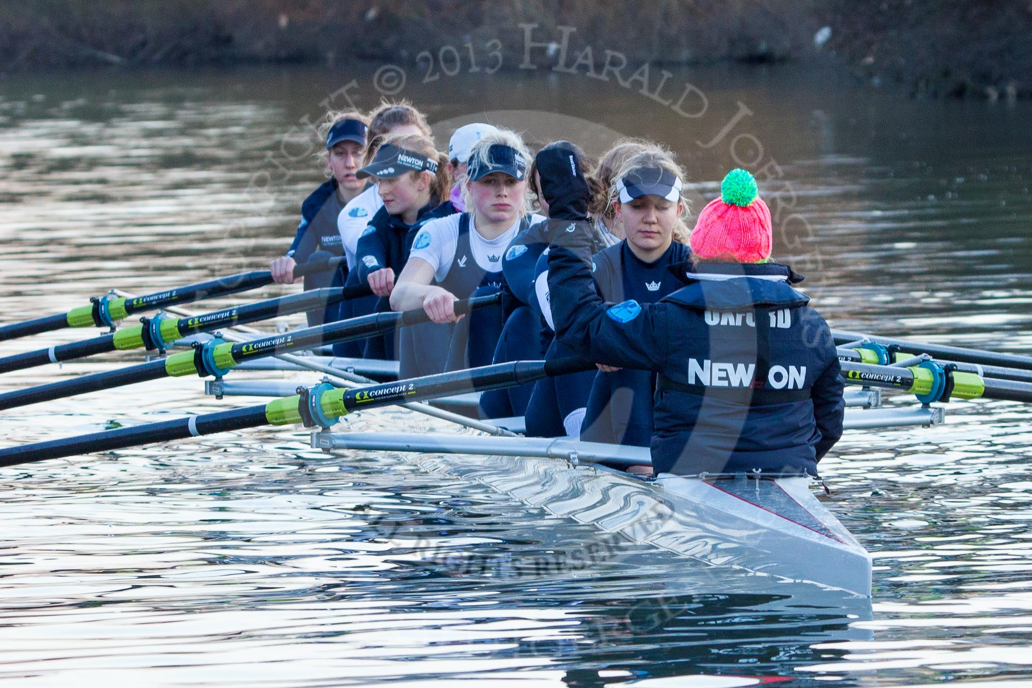 The Boat Race season 2013 - OUWBC training: The OUWBC Blue Boat during the training session - bow Mariann Novak, Alice Carrington-Windo, Mary Foord-Weston, Jo Lee, Amy Varney, Harriet Keane, Anastasia Chitty, stroke Maxie Scheske, and cox Katie Apfelbaum..
River Thames,
Wallingford,
Oxfordshire,
United Kingdom,
on 13 March 2013 at 17:30, image #150