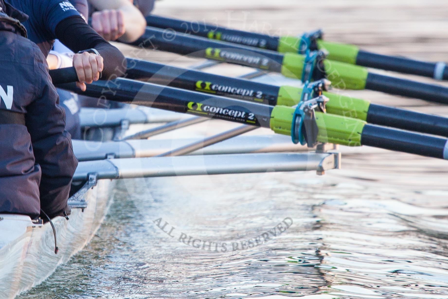 The Boat Race season 2013 - OUWBC training: The oars of the OUWBC Blue Boat during a training session..
River Thames,
Wallingford,
Oxfordshire,
United Kingdom,
on 13 March 2013 at 17:30, image #152