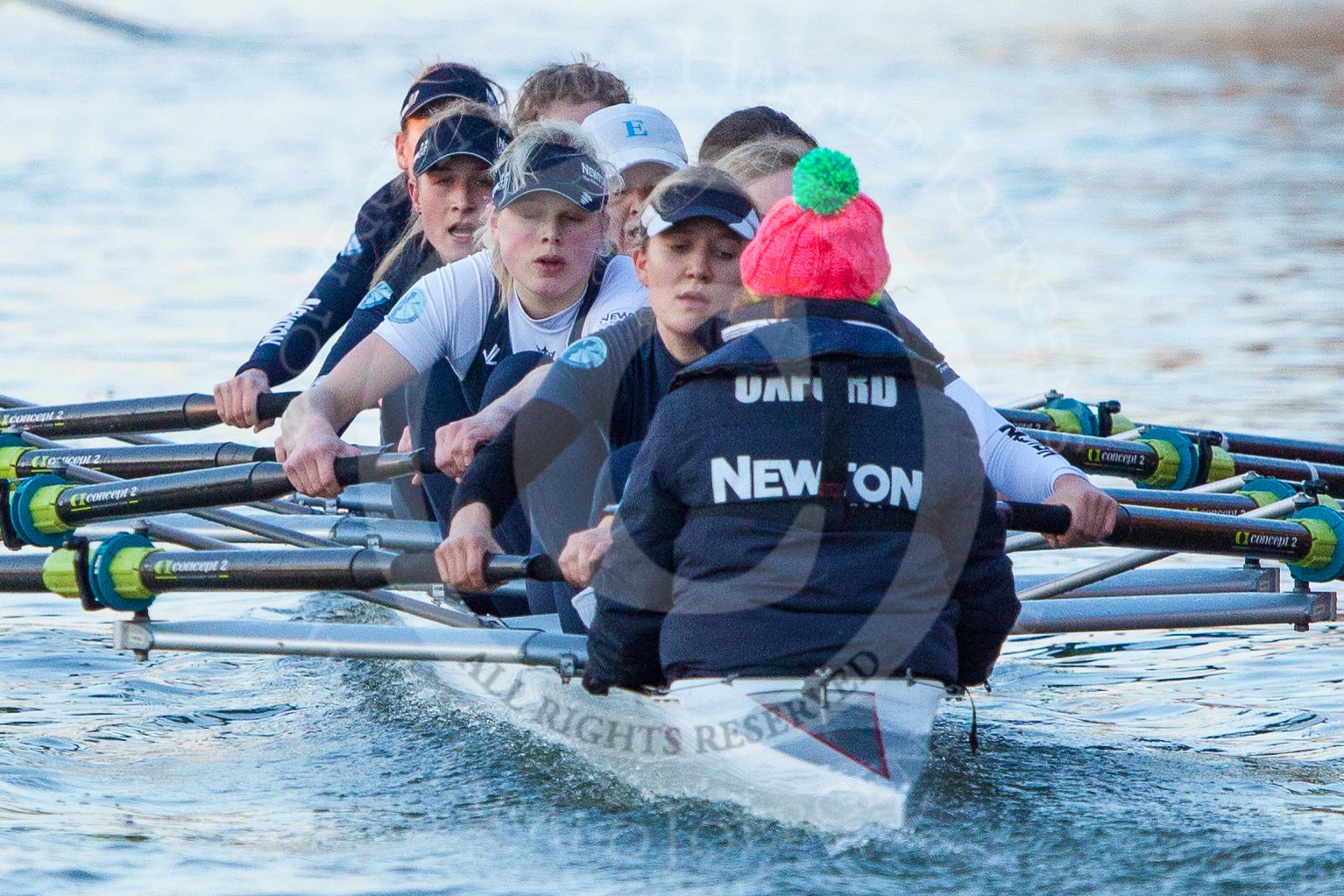 The Boat Race season 2013 - OUWBC training: The OUWBC Blue Boat during the training session - bow Mariann Novak, Alice Carrington-Windo, Mary Foord-Weston, Jo Lee, Amy Varney, Harriet Keane, Anastasia Chitty, stroke Maxie Scheske, and cox Katie Apfelbaum..
River Thames,
Wallingford,
Oxfordshire,
United Kingdom,
on 13 March 2013 at 17:37, image #179