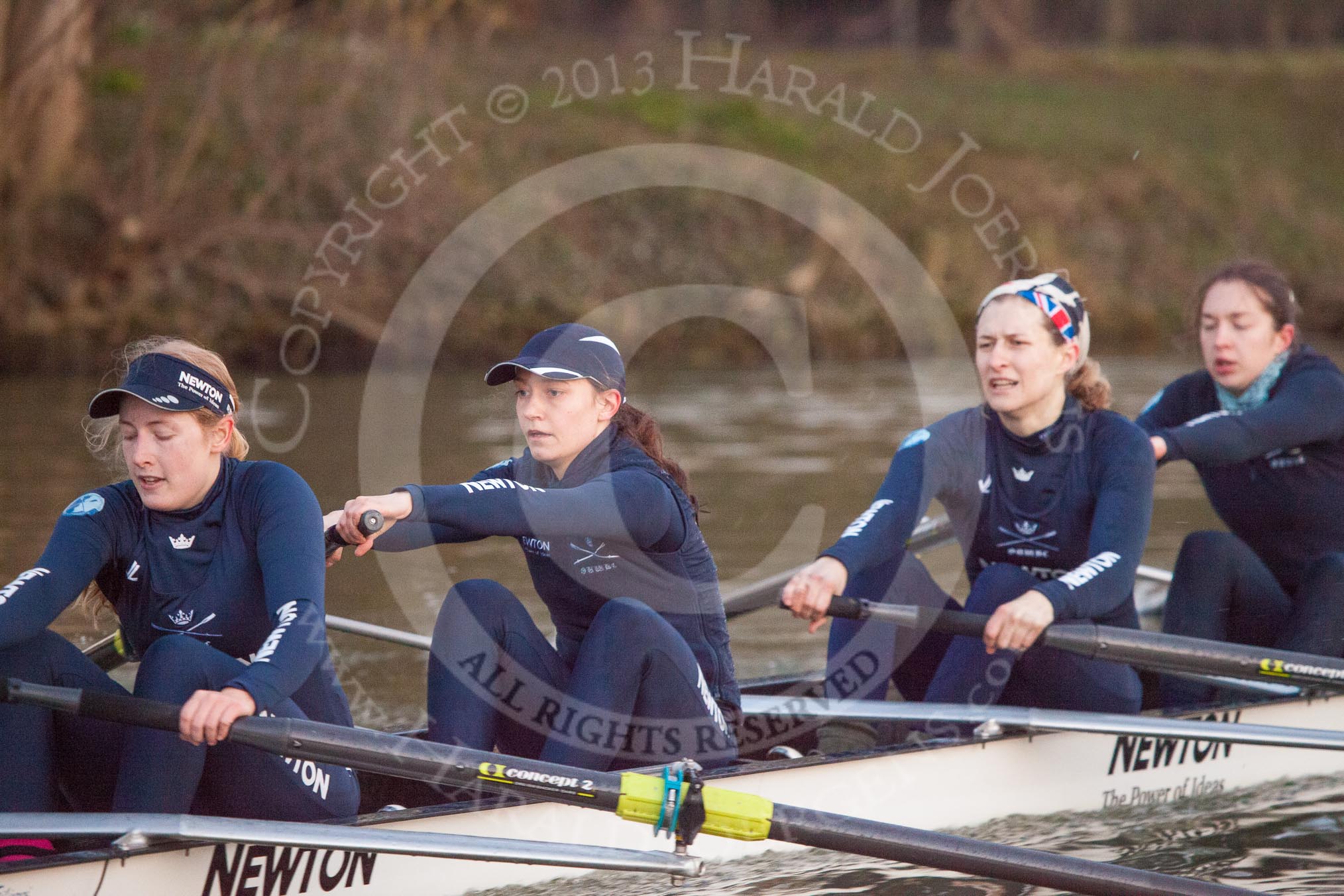 The Boat Race season 2013 - OUWBC training: In Osiris, the OUWBC reserve boat, stroke Emily Chittock, Annika Bruger, Caitlin Goss, and 4 seat Rachel Purkess..
River Thames,
Wallingford,
Oxfordshire,
United Kingdom,
on 13 March 2013 at 18:02, image #215