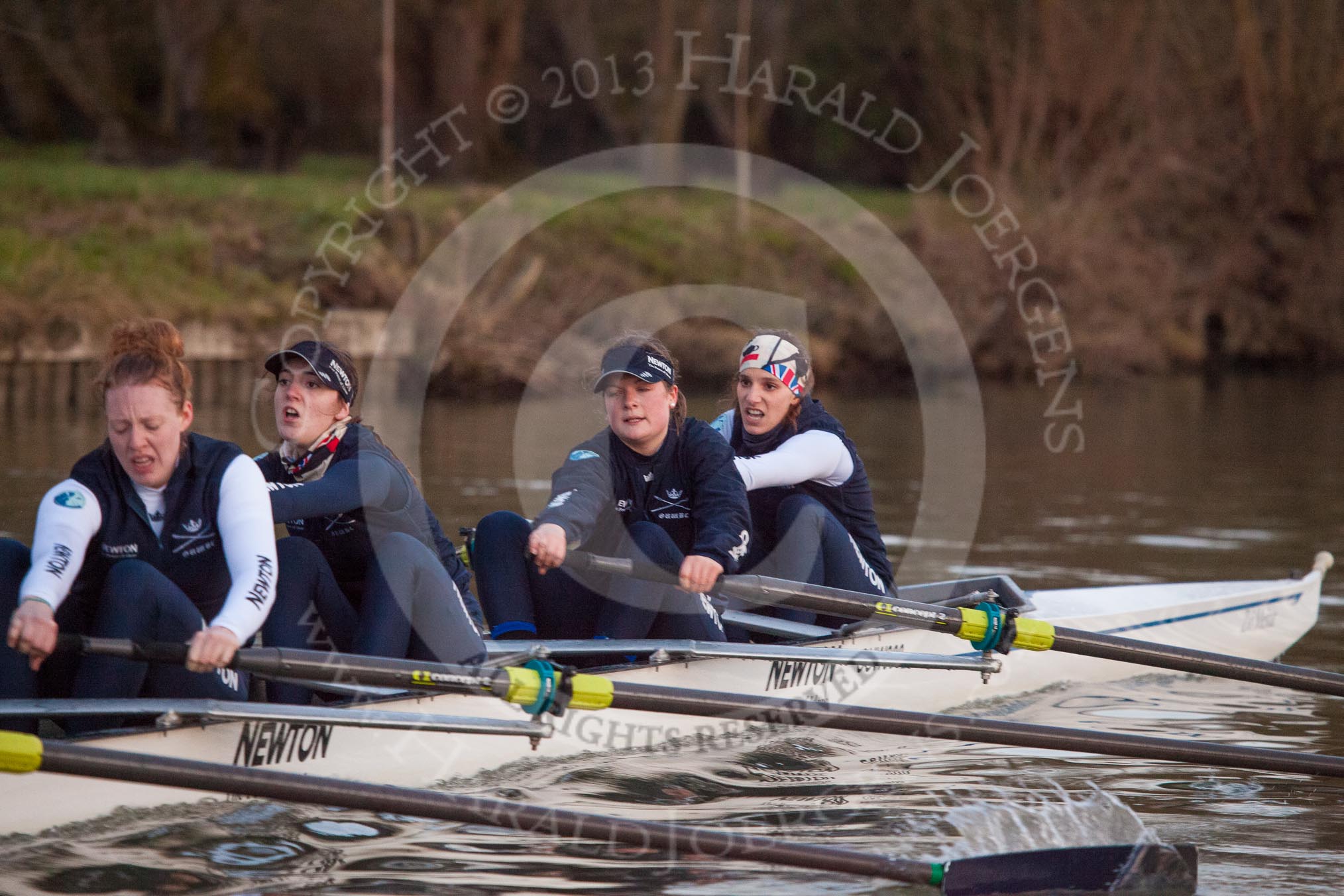 The Boat Race season 2013 - OUWBC training: In Osiris, the OUWBC reserve boat 4 seat Eleanor Darlington, Hannah Ledbury, Elspeth Cumber, and bow Coralie Viollet-Djelassi..
River Thames,
Wallingford,
Oxfordshire,
United Kingdom,
on 13 March 2013 at 18:02, image #217