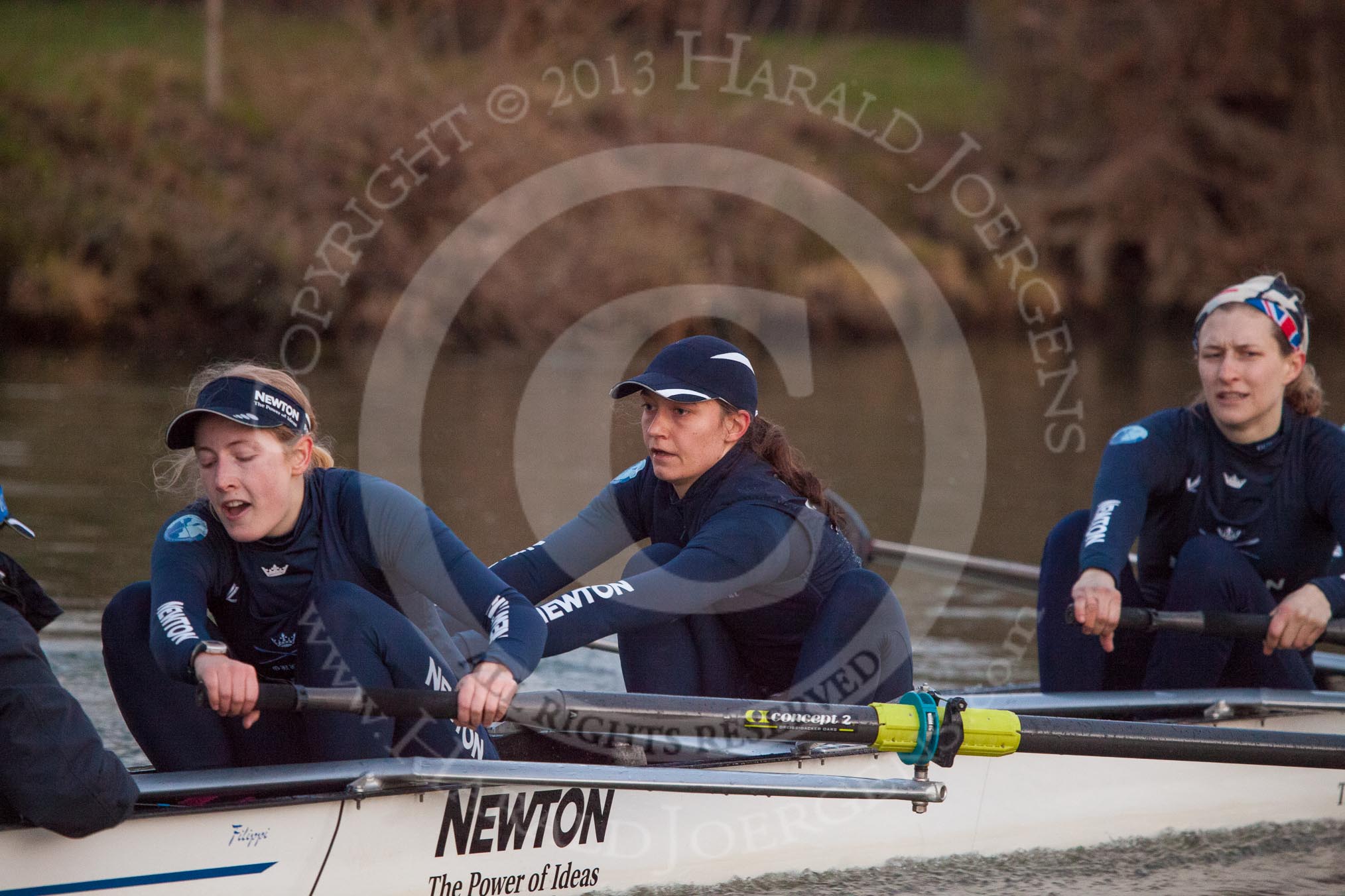 The Boat Race season 2013 - OUWBC training: In Osiris, the OUWBC reserve boat, cox Sophie Shawdon, stroke Emily Chittock, Annika Bruger, and 6 seat Caitlin Goss..
River Thames,
Wallingford,
Oxfordshire,
United Kingdom,
on 13 March 2013 at 18:02, image #219